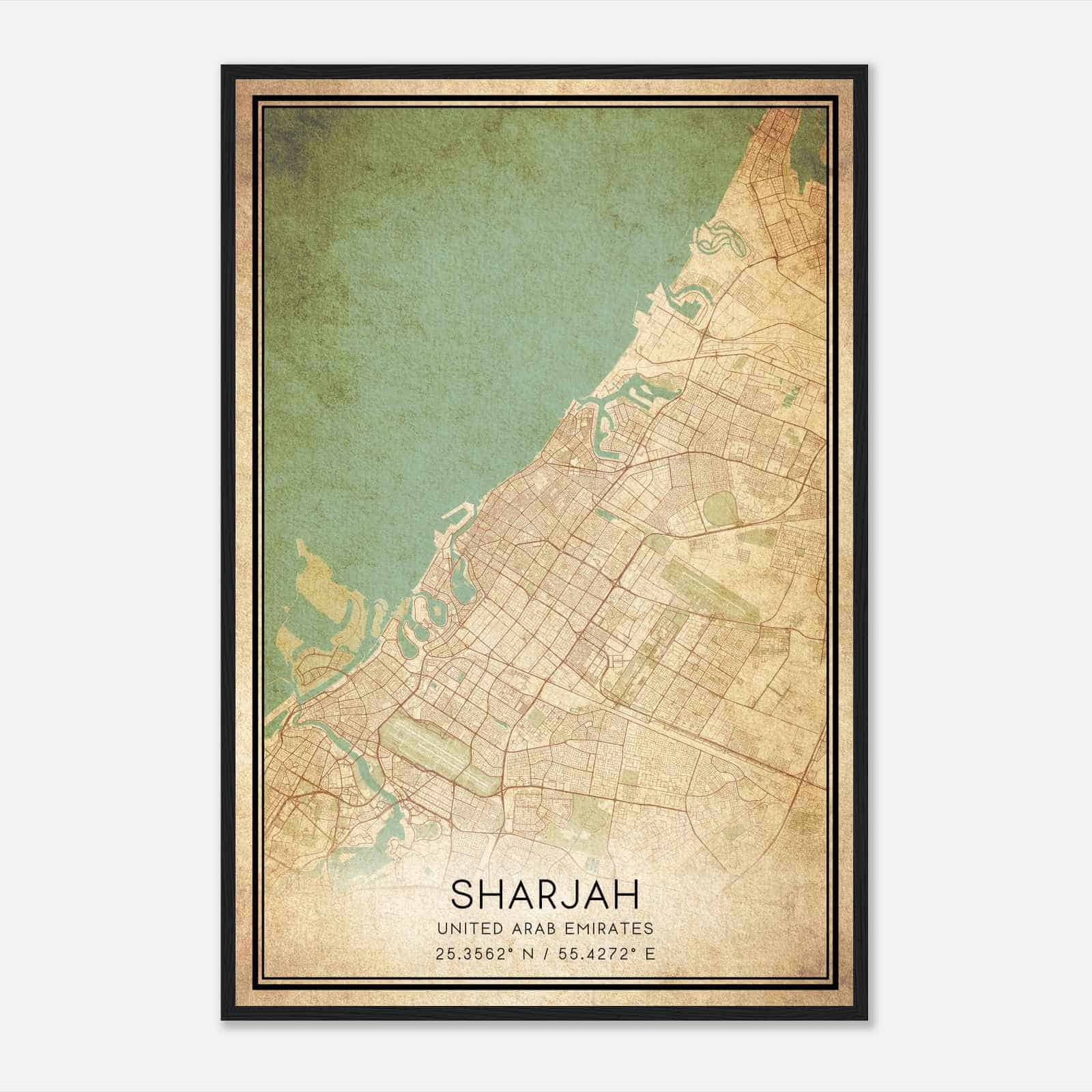 Vintage Sharjah United Arab Emirates Map Poster, Sharjah City Road Wall Art Print