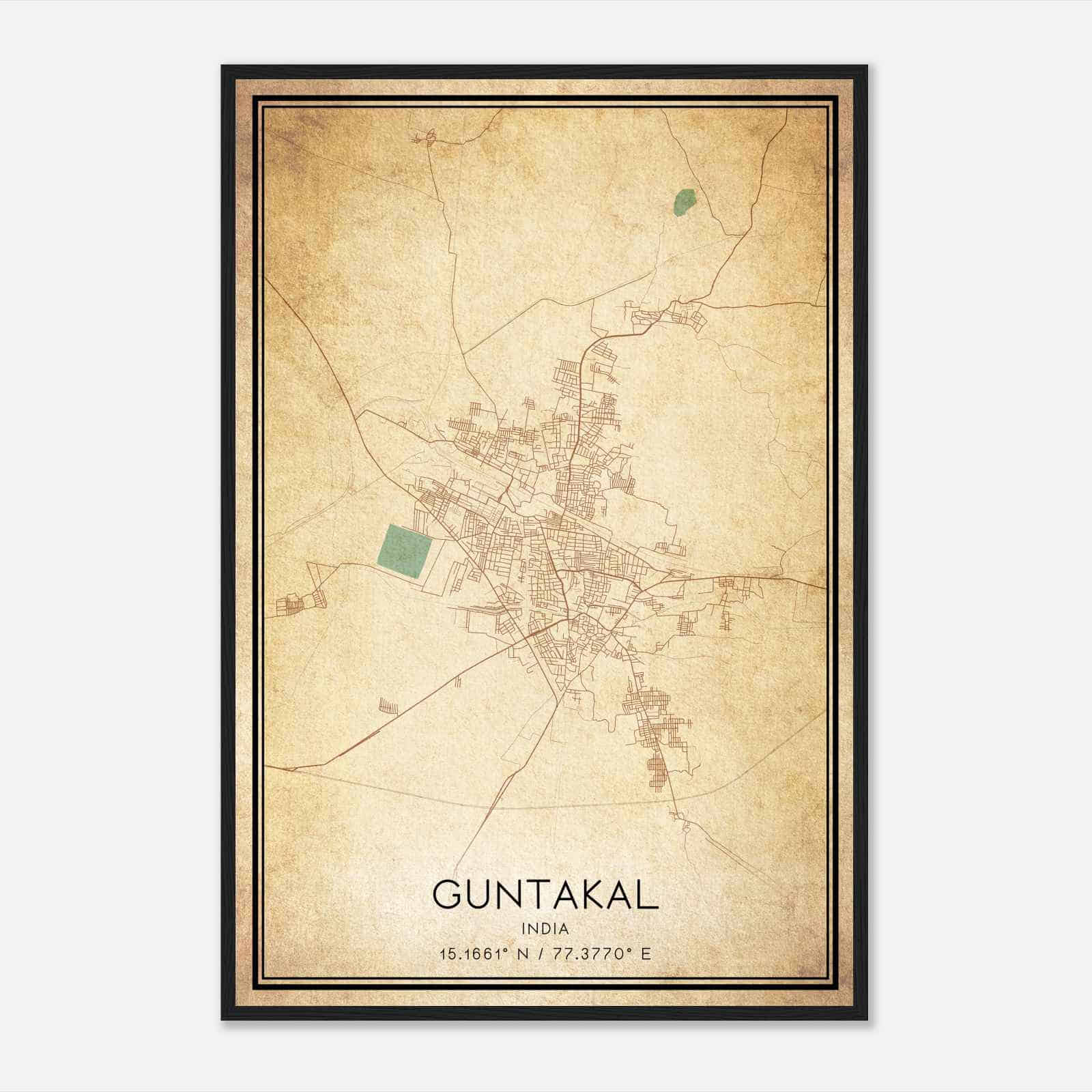 Vintage Guntakal India Map Poster, Guntakal City Road Wall Art Print