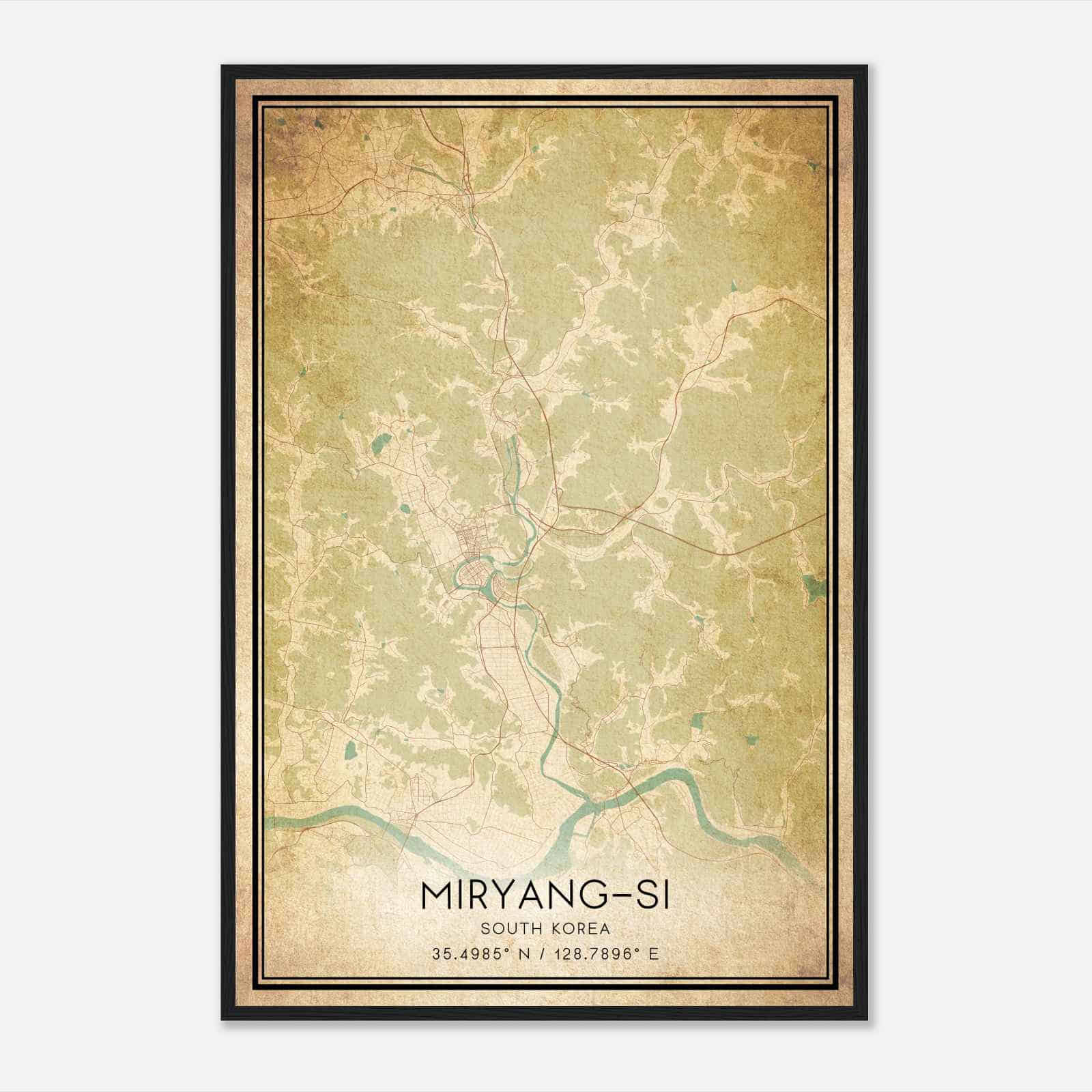 Vintage Miryangsi South Korea Map Poster, Miryangsi City Road Wall Art Print