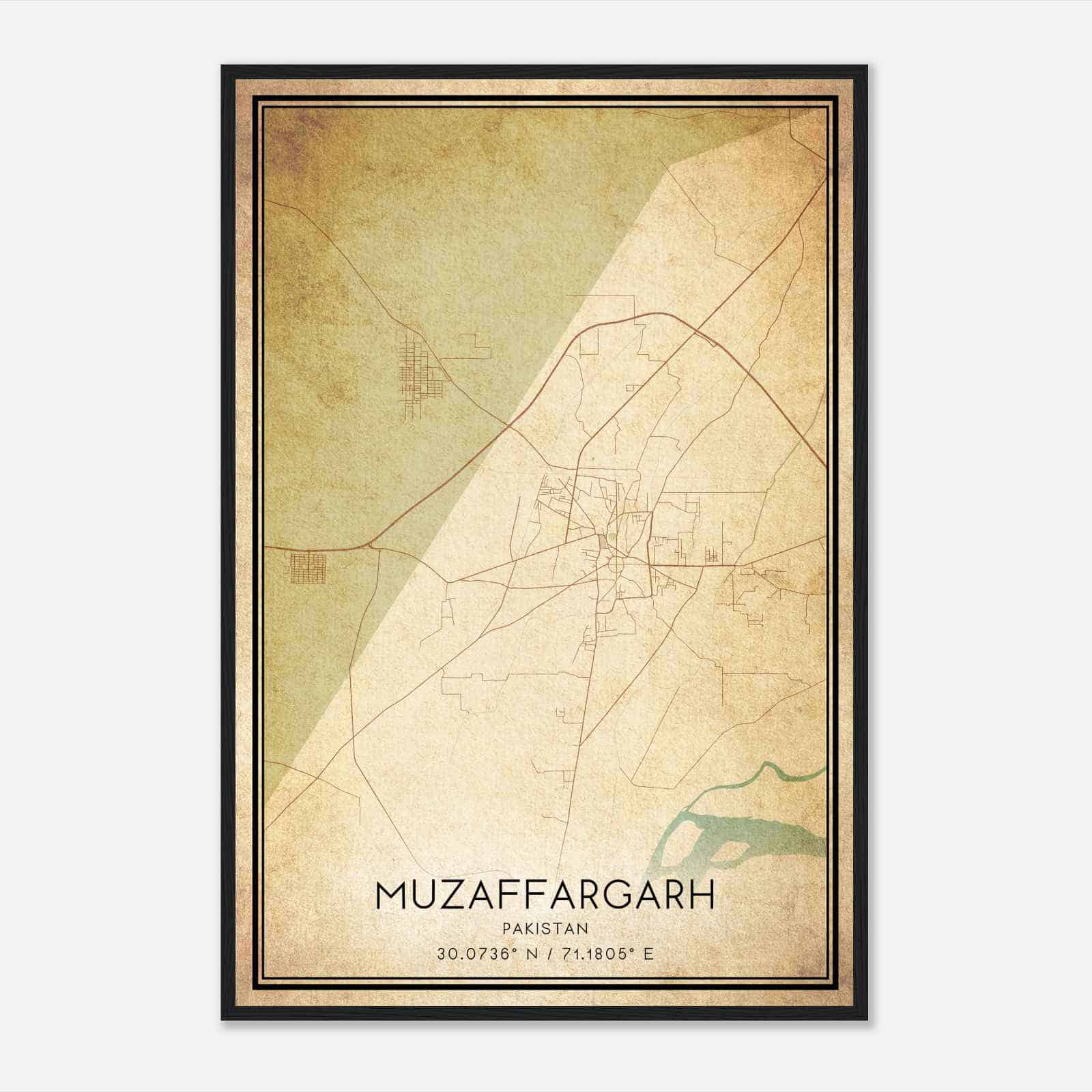 Vintage Muzaffargarh Pakistan Map Poster, Muzaffargarh City Road Wall Art Print