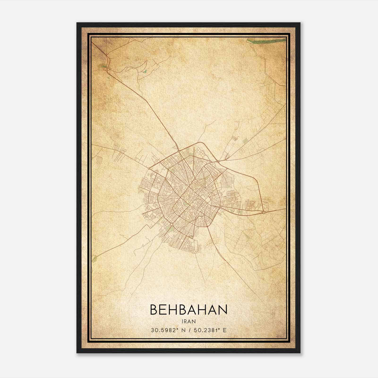 Vintage Behbahan Iran Map Poster, Behbahan City Road Wall Art Print