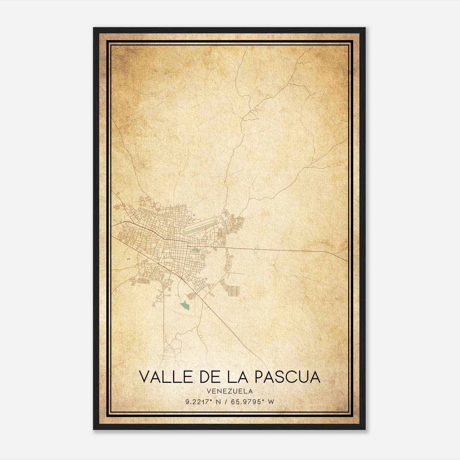 Vintage Valle De La Pascua Venezuela Map Poster, Valle De La Pascua City Road Wall Art Print