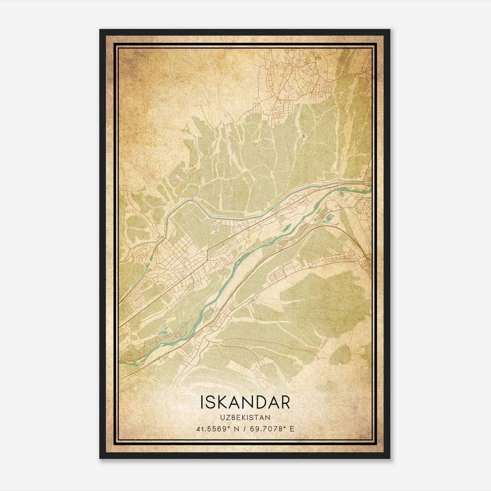 Vintage Iskandar Uzbekistan Map Poster, Iskandar City Road Wall Art Print