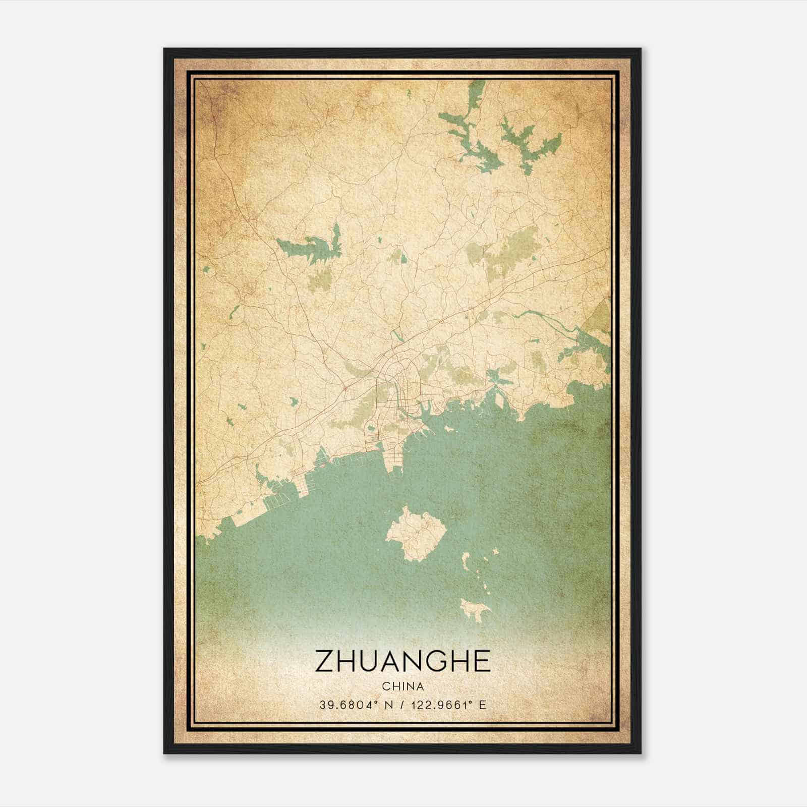 Vintage Zhuanghe China Map Poster, Zhuanghe City Road Wall Art Print