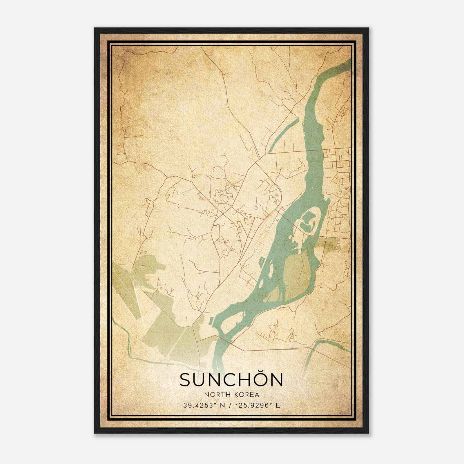 Vintage Sunchon North Korea Map Poster, Sunchon City Road Wall Art Print