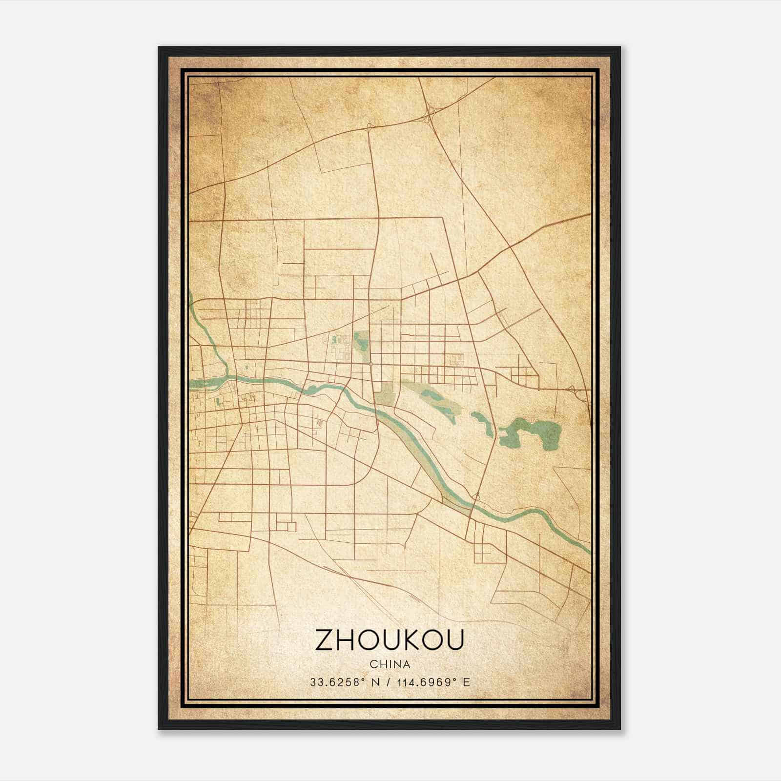 Vintage Zhoukou China Map Poster, Zhoukou City Road Wall Art Print