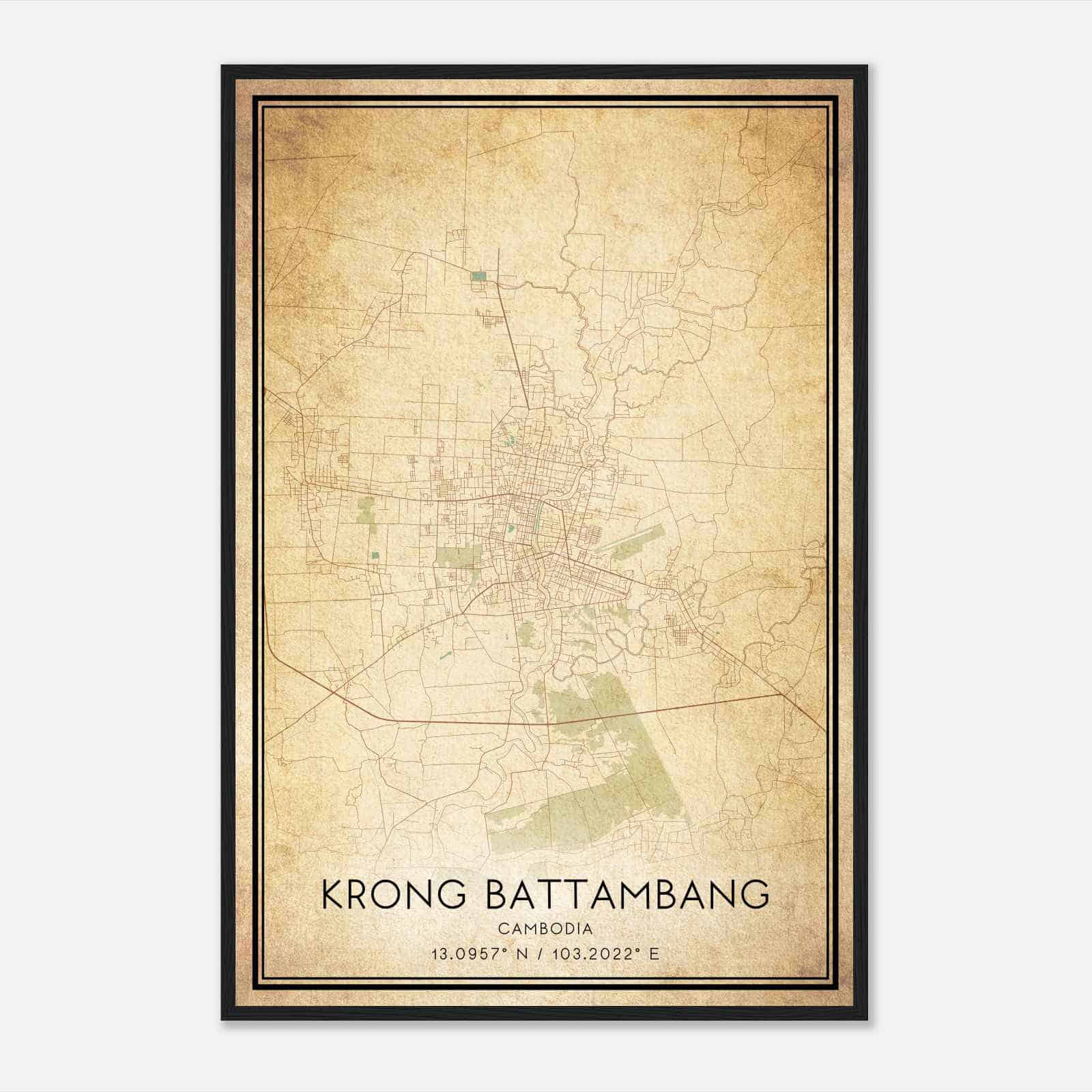 Vintage Krong Battambang Cambodia Map Poster, Krong Battambang City Road Wall Art Print