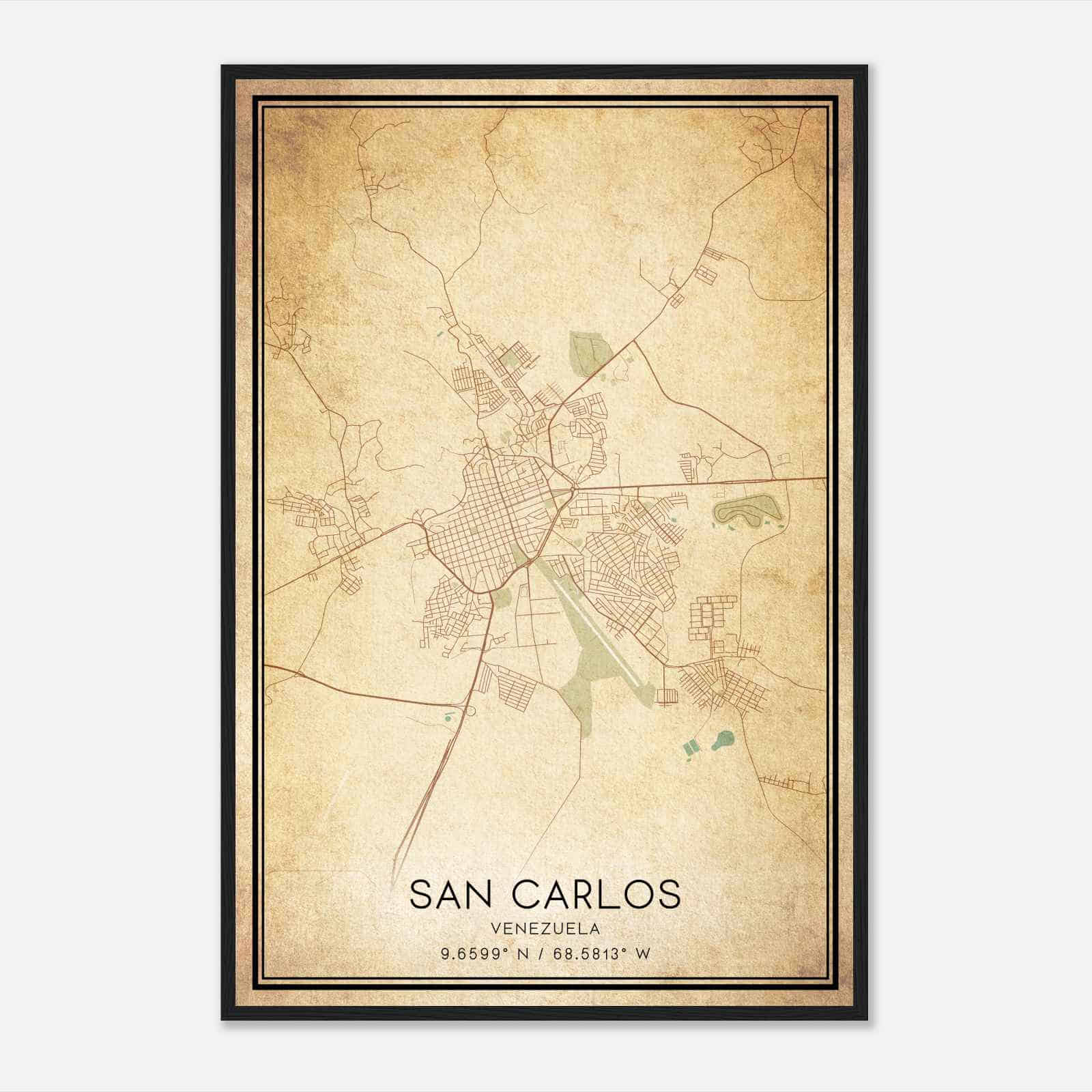 Vintage San Carlos Venezuela Map Poster, San Carlos City Road Wall Art Print