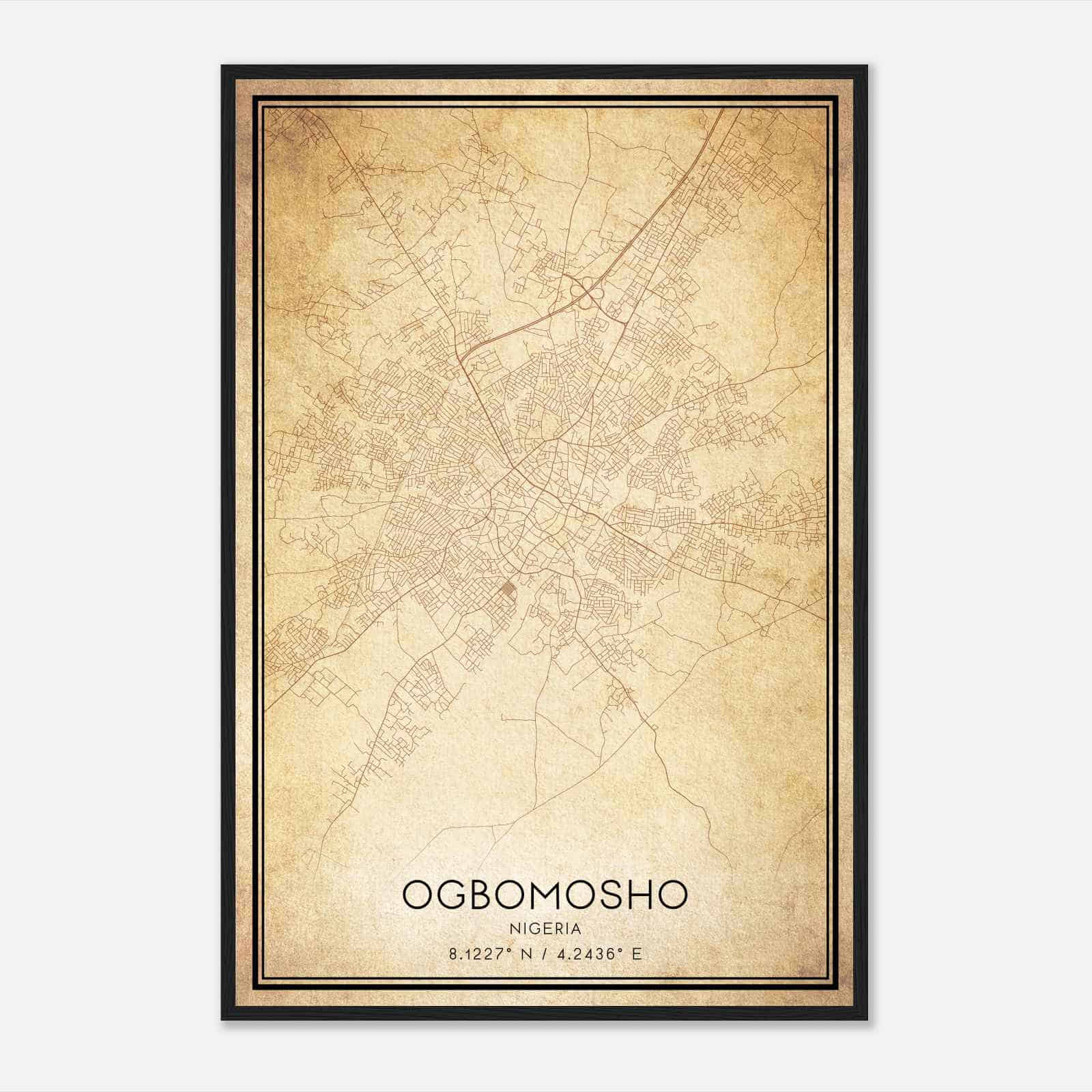 Vintage Ogbomosho Nigeria Map Poster, Ogbomosho City Road Wall Art Print