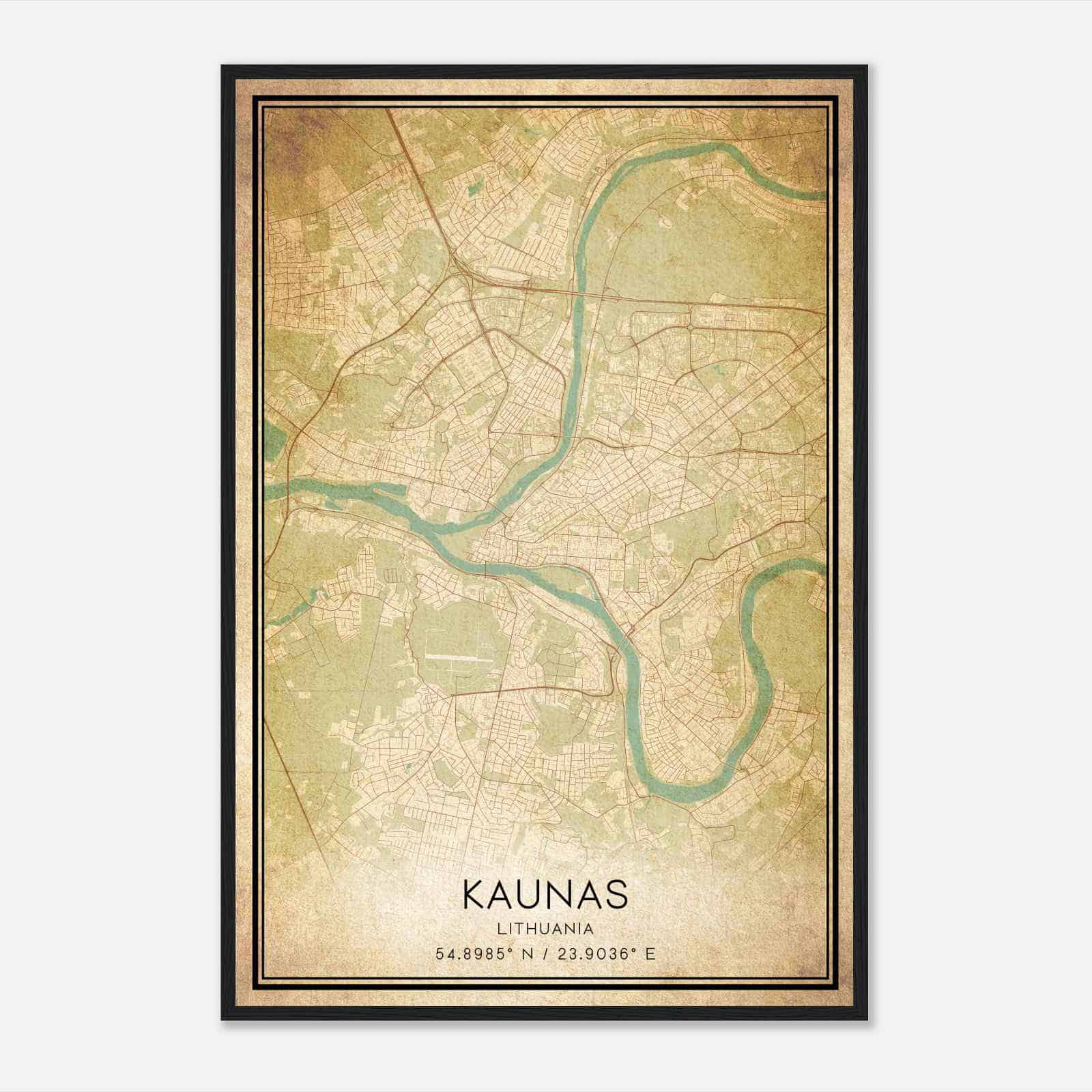Vintage Kaunas Lithuania Map Poster, Kaunas City Road Wall Art Print