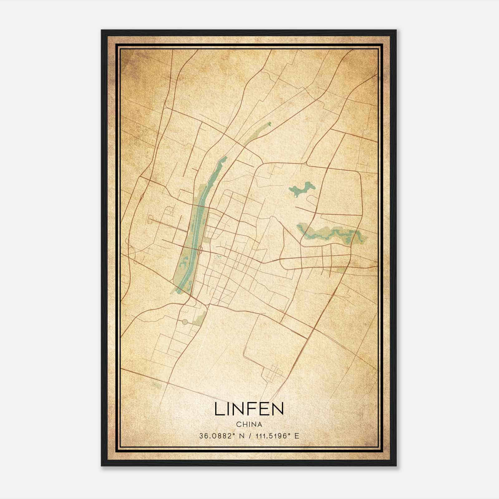 Vintage Linfen China Map Poster, Linfen City Road Wall Art Print