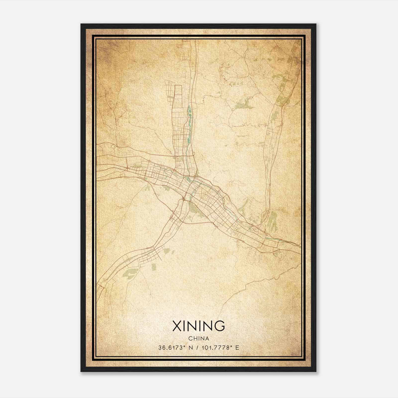 Vintage Xining China Map Poster, Xining City Road Wall Art Print