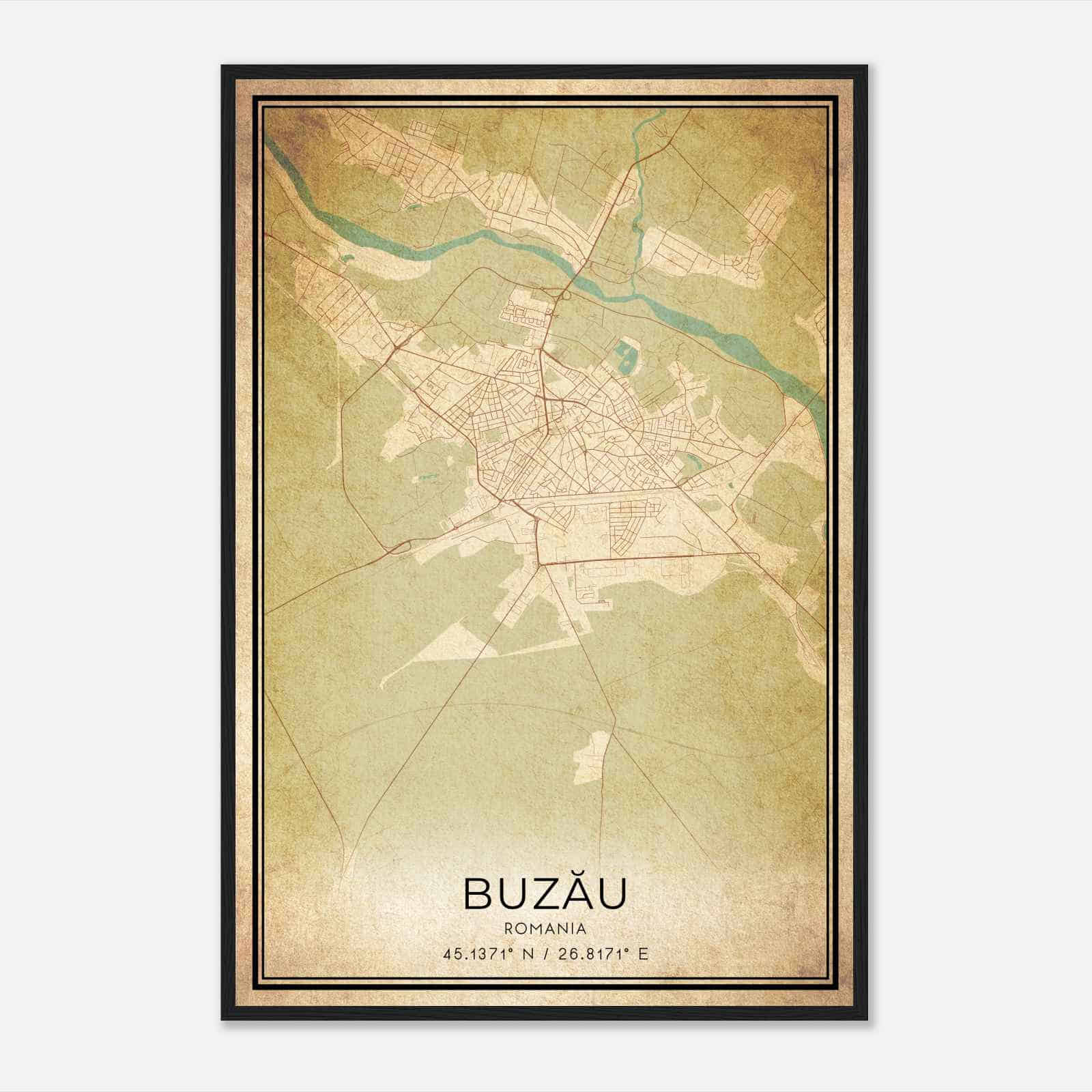 Vintage Buzau Romania Map Poster, Buzau City Road Wall Art Print