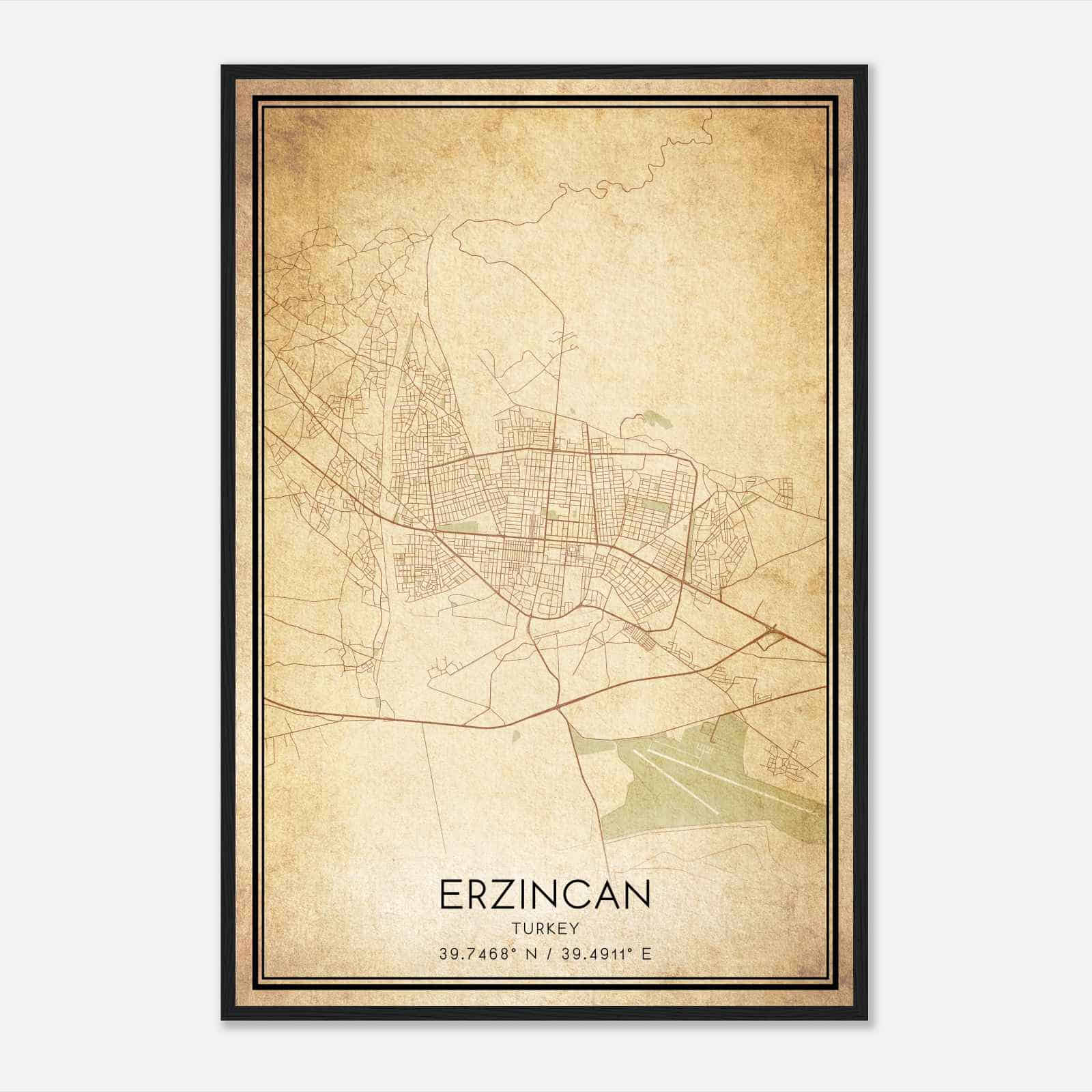 Vintage Erzincan Turkey Map Poster, Erzincan City Road Wall Art Print