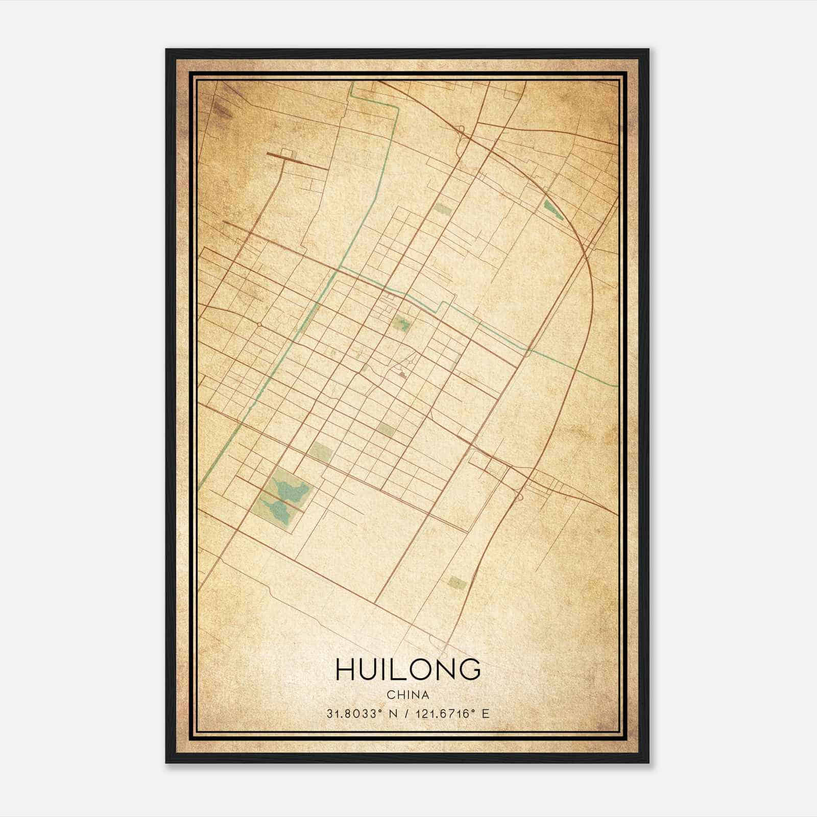 Vintage Huilong China Map Poster, Huilong City Road Wall Art Print