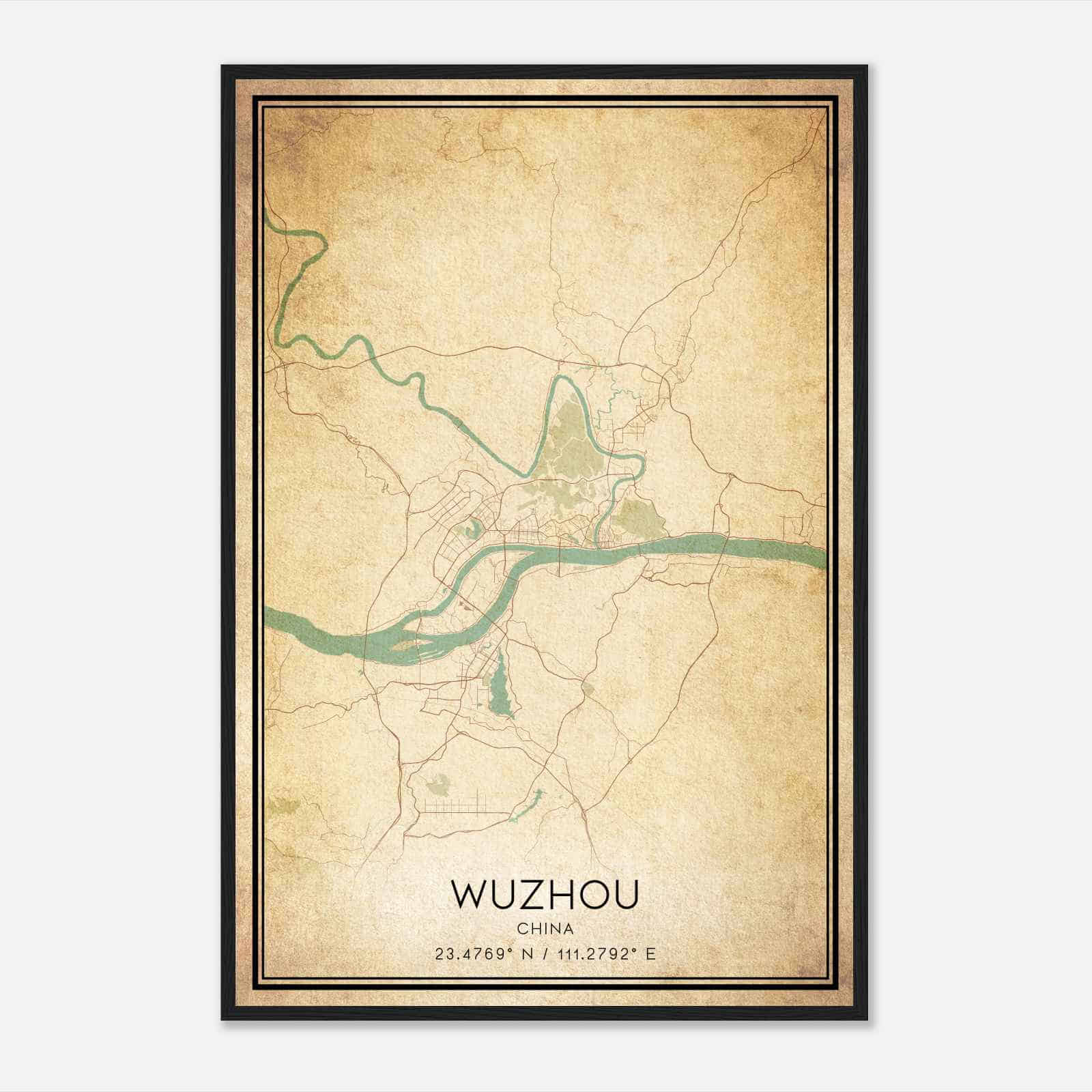 Vintage Wuzhou China Map Poster, Wuzhou City Road Wall Art Print