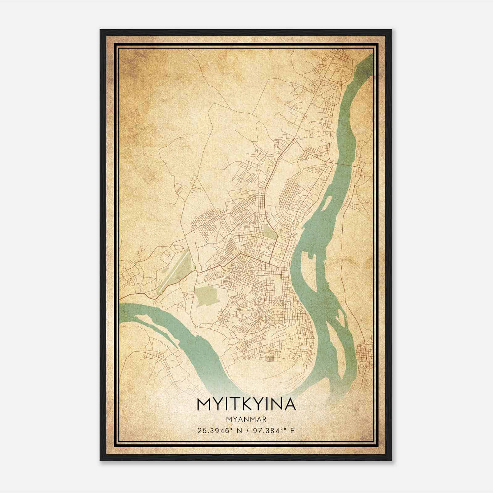 Vintage Myitkyina Myanmar Map Poster, Myitkyina City Road Wall Art Print