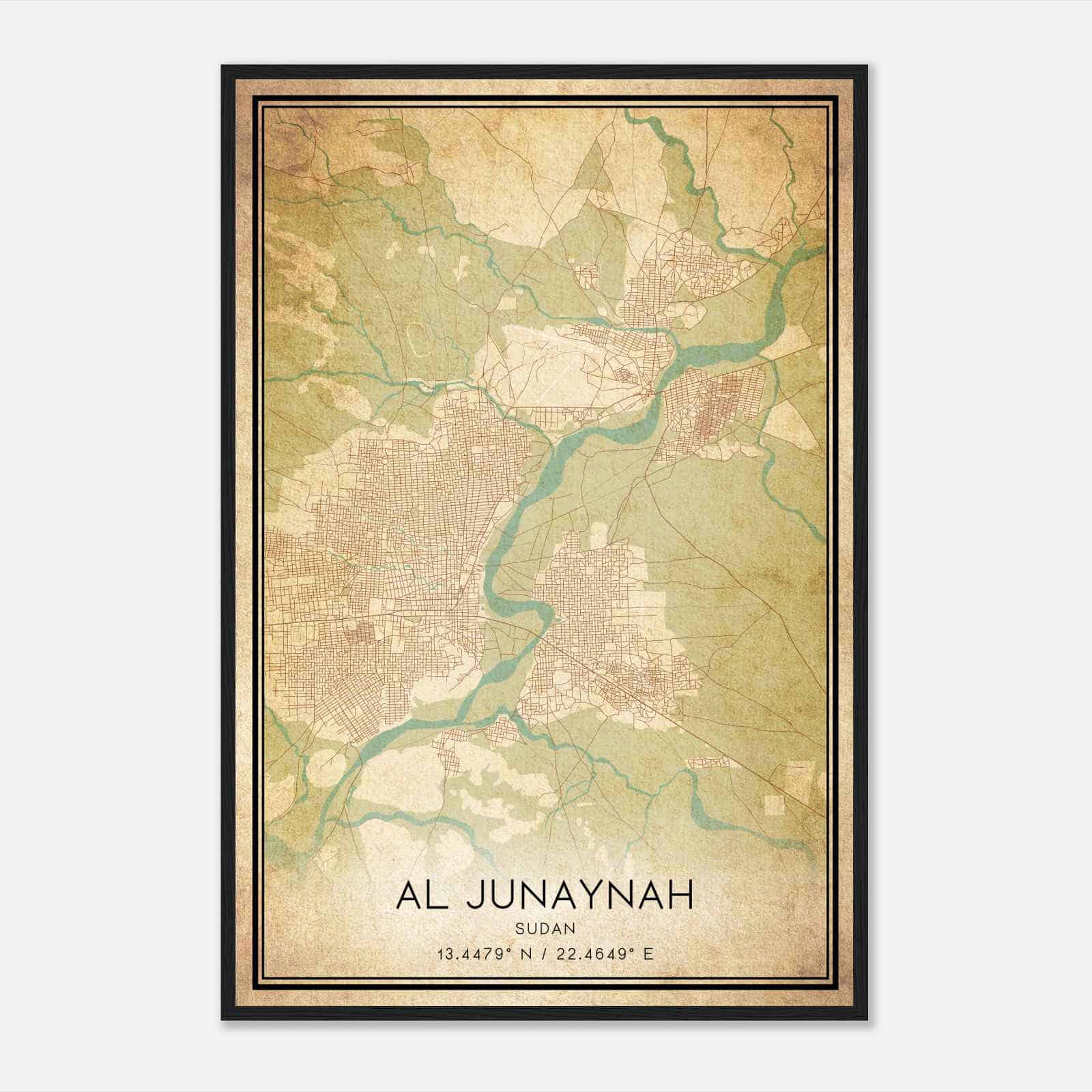 Vintage Al Junaynah Sudan Map Poster, Al Junaynah City Road Wall Art Print