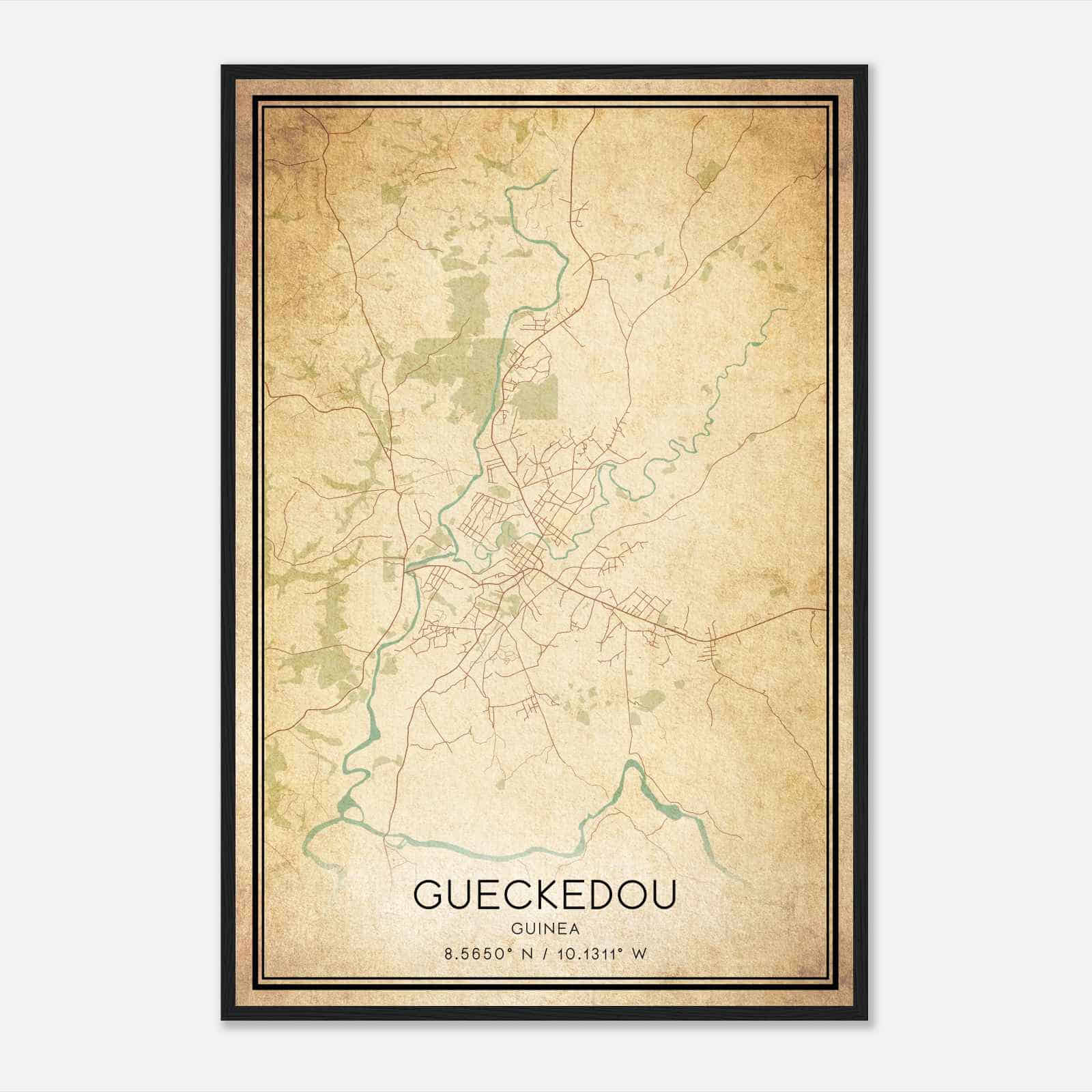 Vintage Gueckedou Guinea Map Poster, Gueckedou City Road Wall Art Print