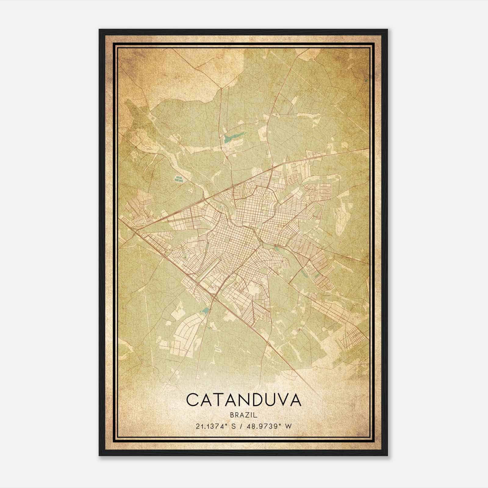 Vintage Catanduva Brazil Map Poster, Catanduva City Road Wall Art Print