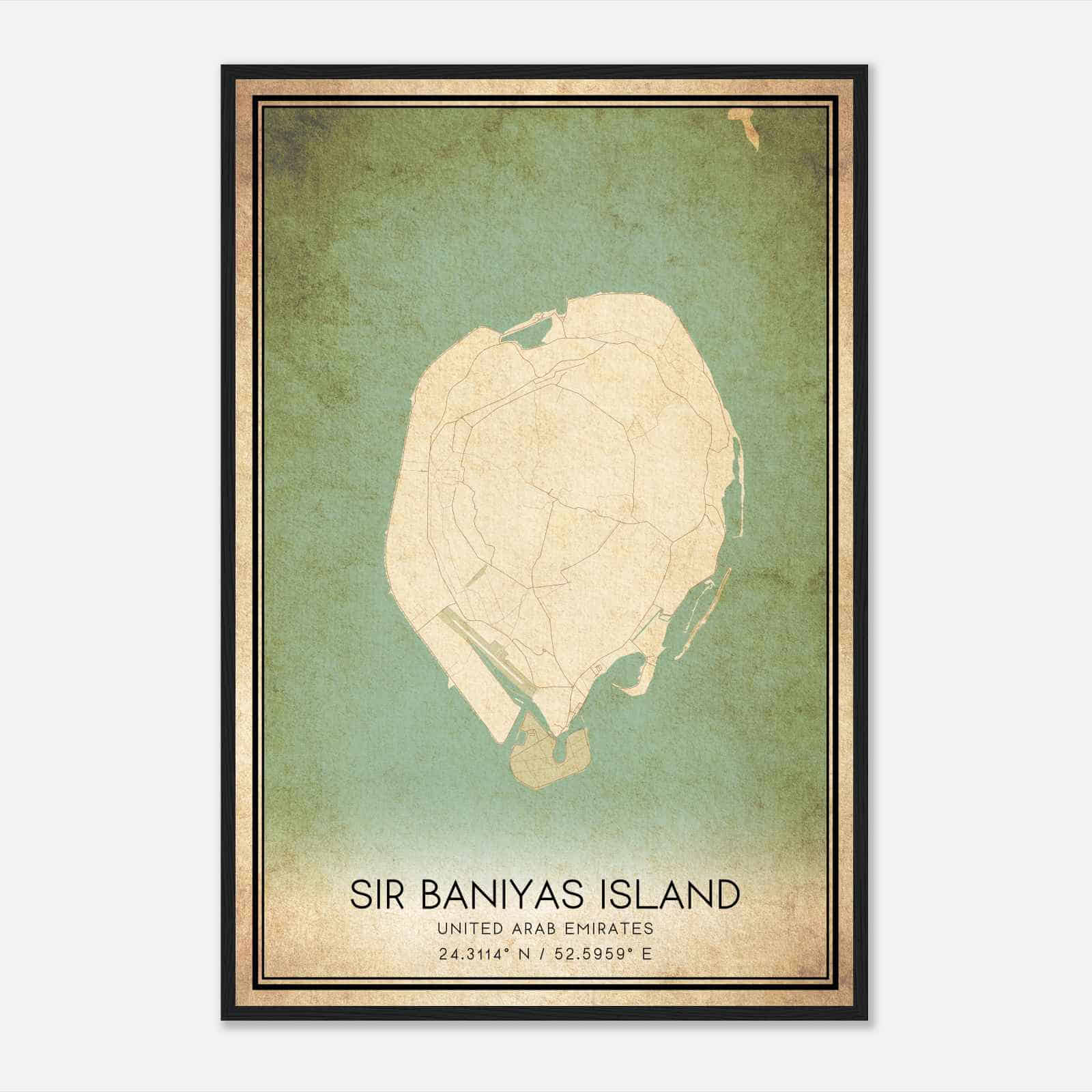 Vintage Sir Baniyas Island United Arab Emirates Map Poster, Sir Baniyas Island City Road Wall Art Print