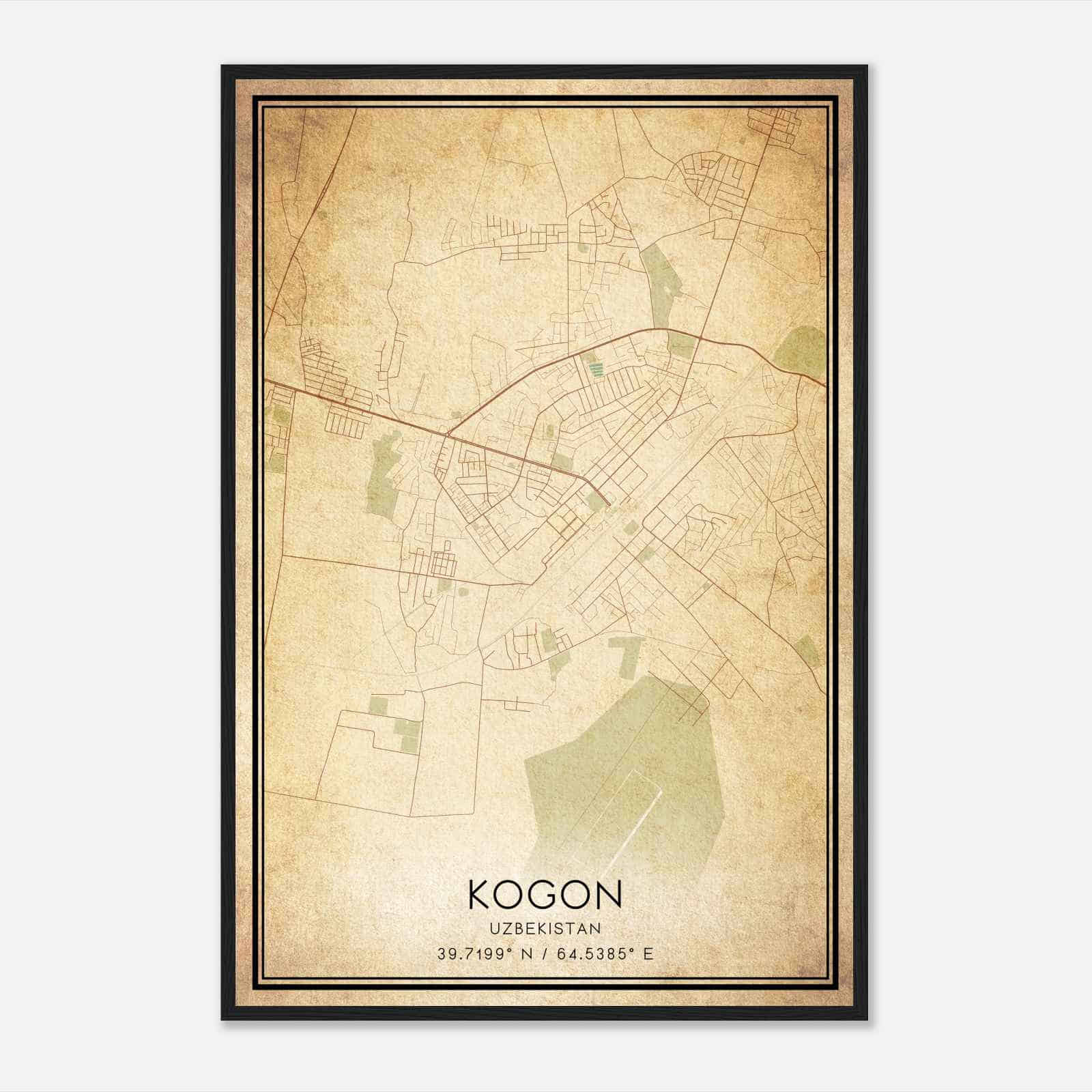 Vintage Kogon Uzbekistan Map Poster, Kogon City Road Wall Art Print