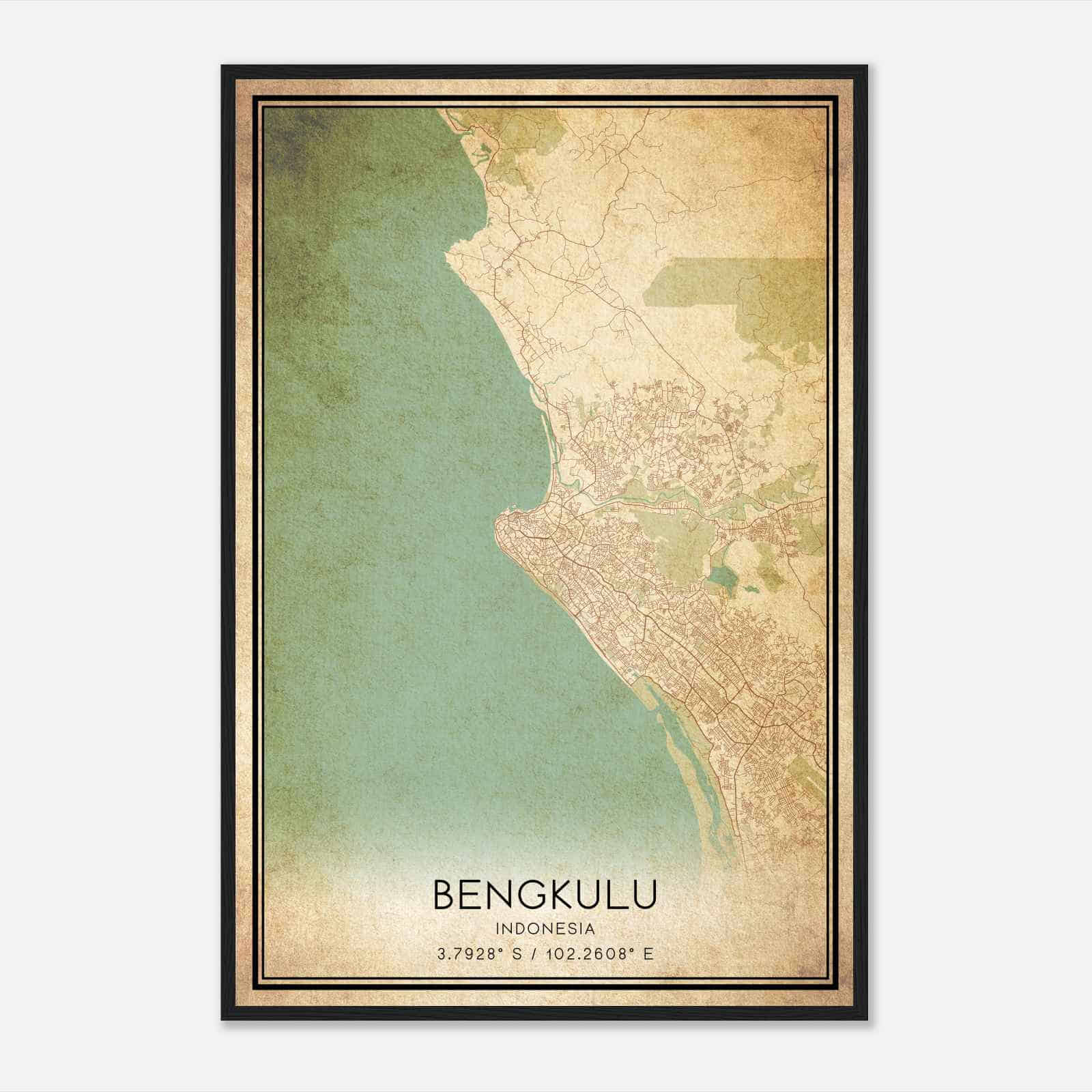 Vintage Bengkulu Indonesia Map Poster, Bengkulu City Road Wall Art Print
