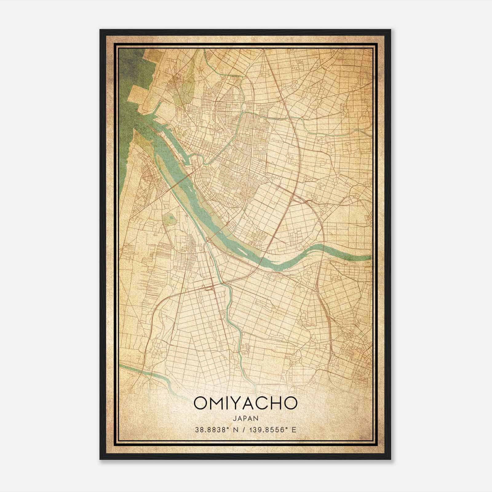 Vintage Omiyacho Japan Map Poster, Omiyacho City Road Wall Art Print