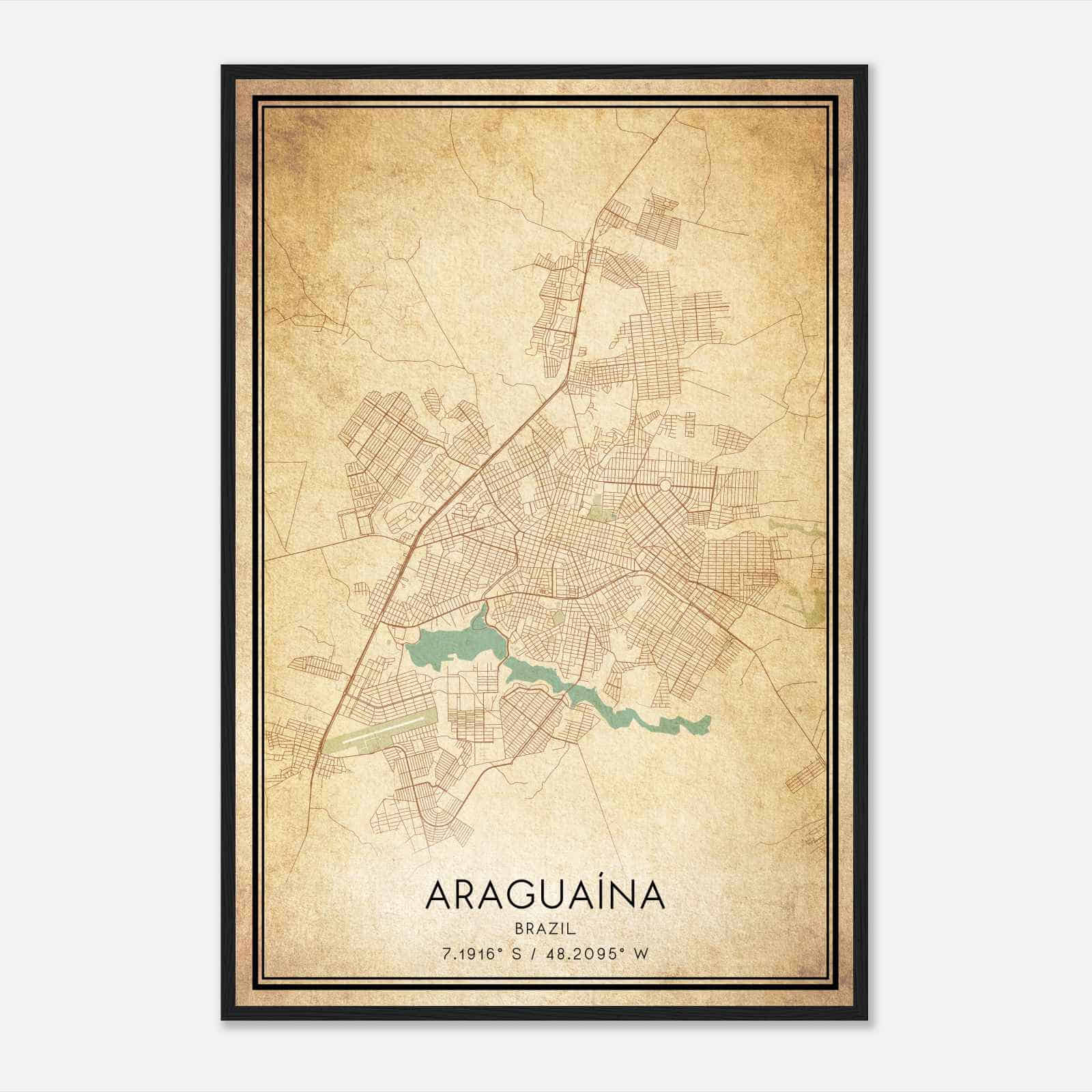 Vintage Araguaina Brazil Map Poster, Araguaina City Road Wall Art Print