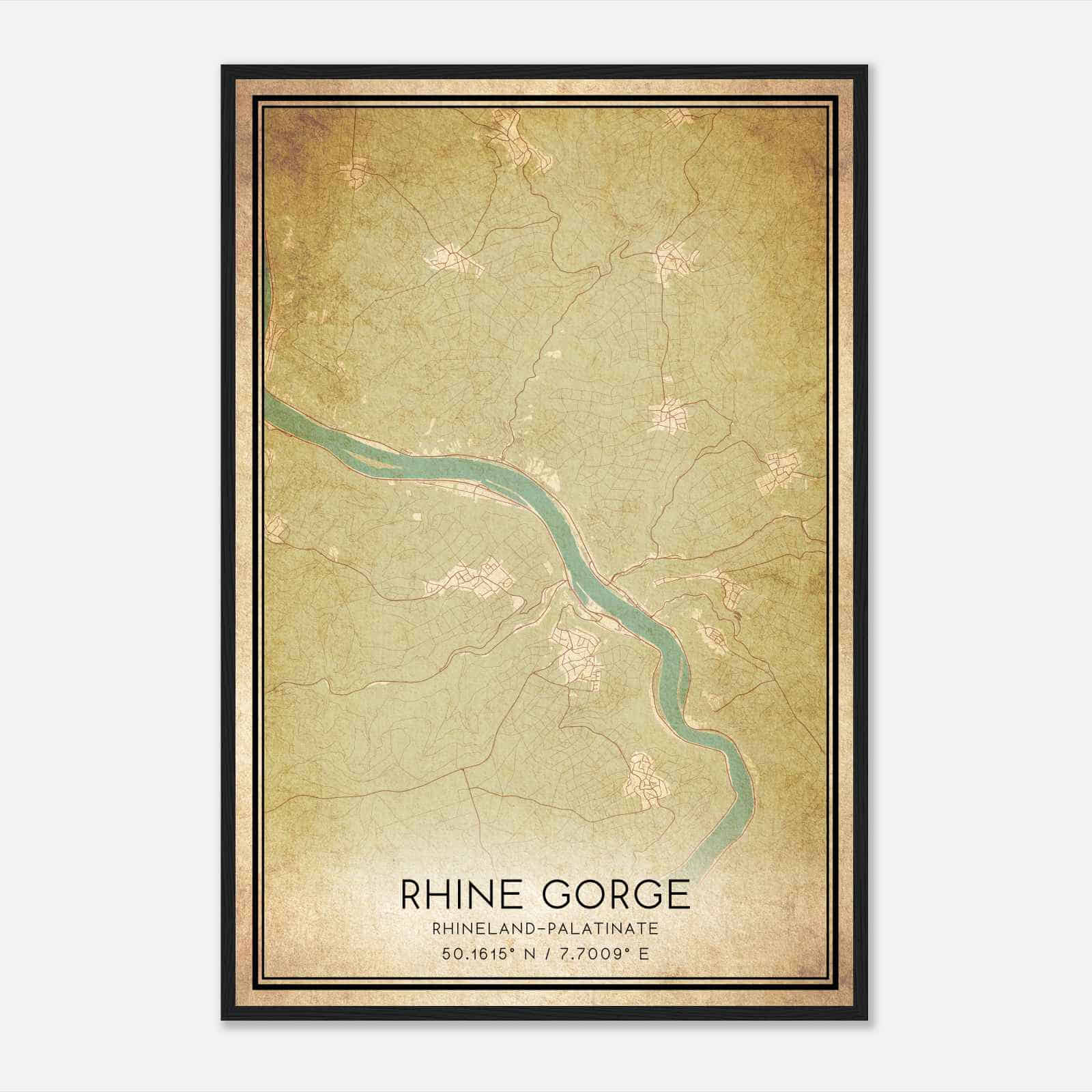 Vintage Rhine Gorge Rhineland-Palatinate Map Poster, Rhine Gorge City Road Wall Art Print