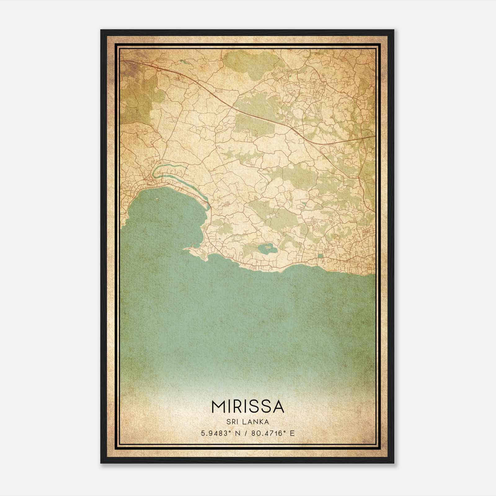 Vintage Mirissa Sri Lanka Map Poster, Mirissa City Road Wall Art Print