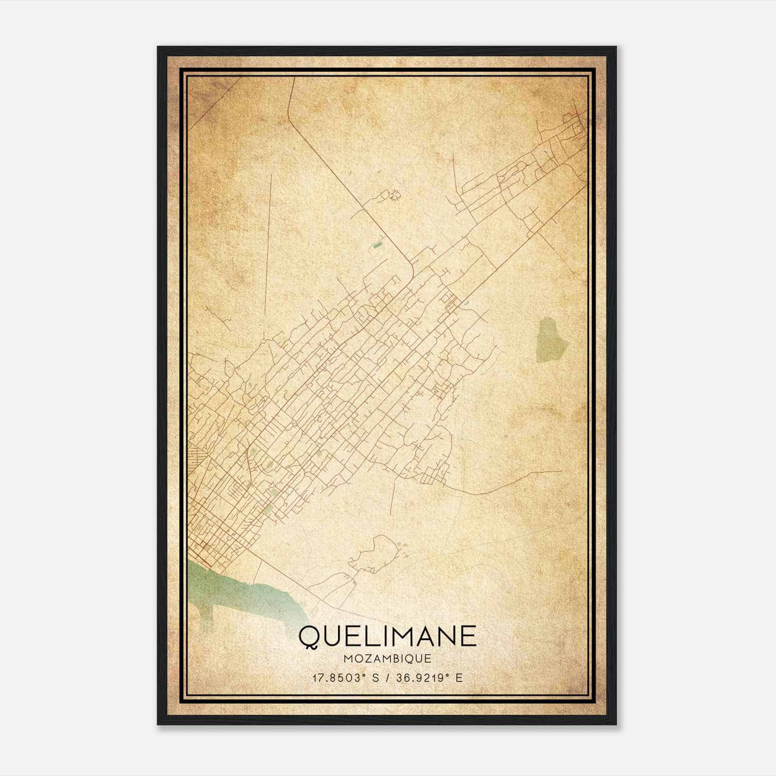 Vintage Quelimane Mozambique Map Poster, Quelimane City Road Wall Art Print