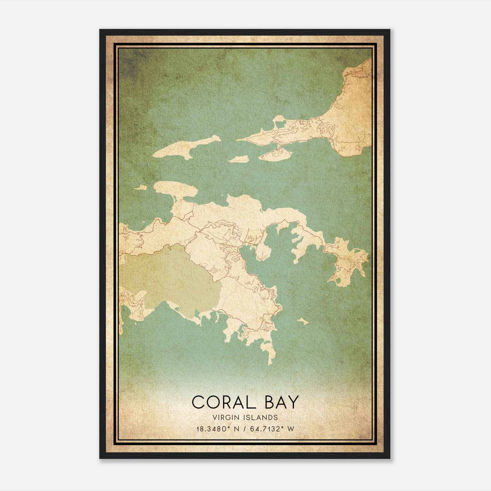 Vintage Coral Bay Virgin Islands Map Poster, Coral Bay City Road Wall Art Print