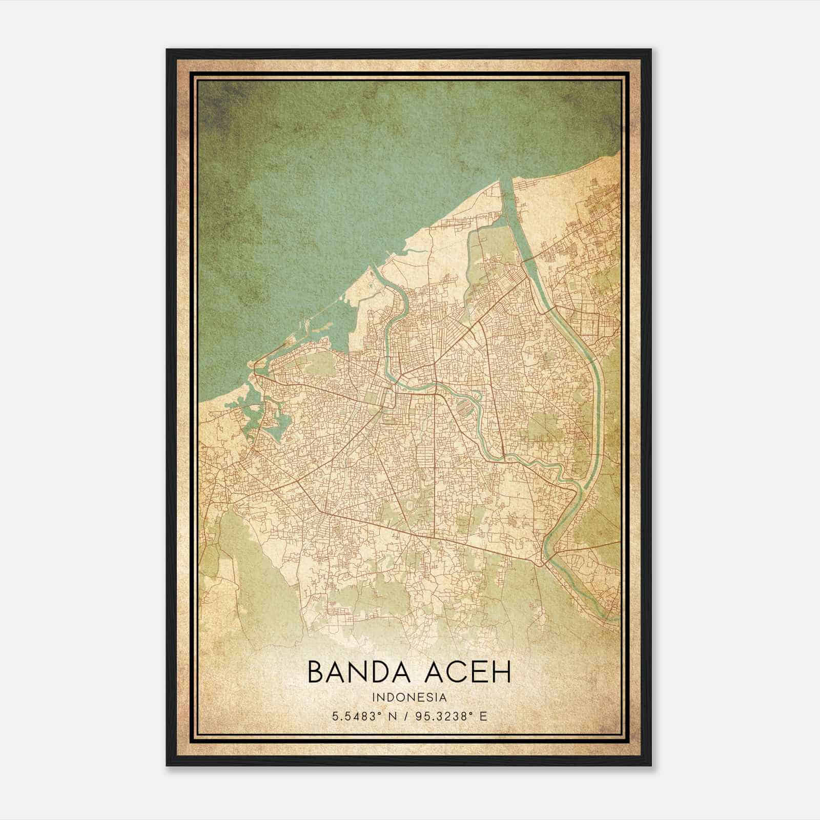 Vintage Banda Aceh Indonesia Map Poster, Banda Aceh City Road Wall Art Print