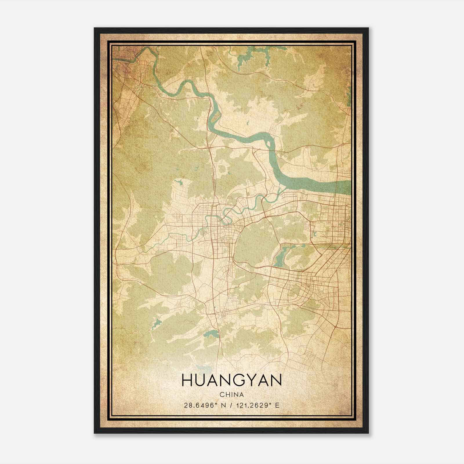 Vintage Huangyan China Map Poster, Huangyan City Road Wall Art Print