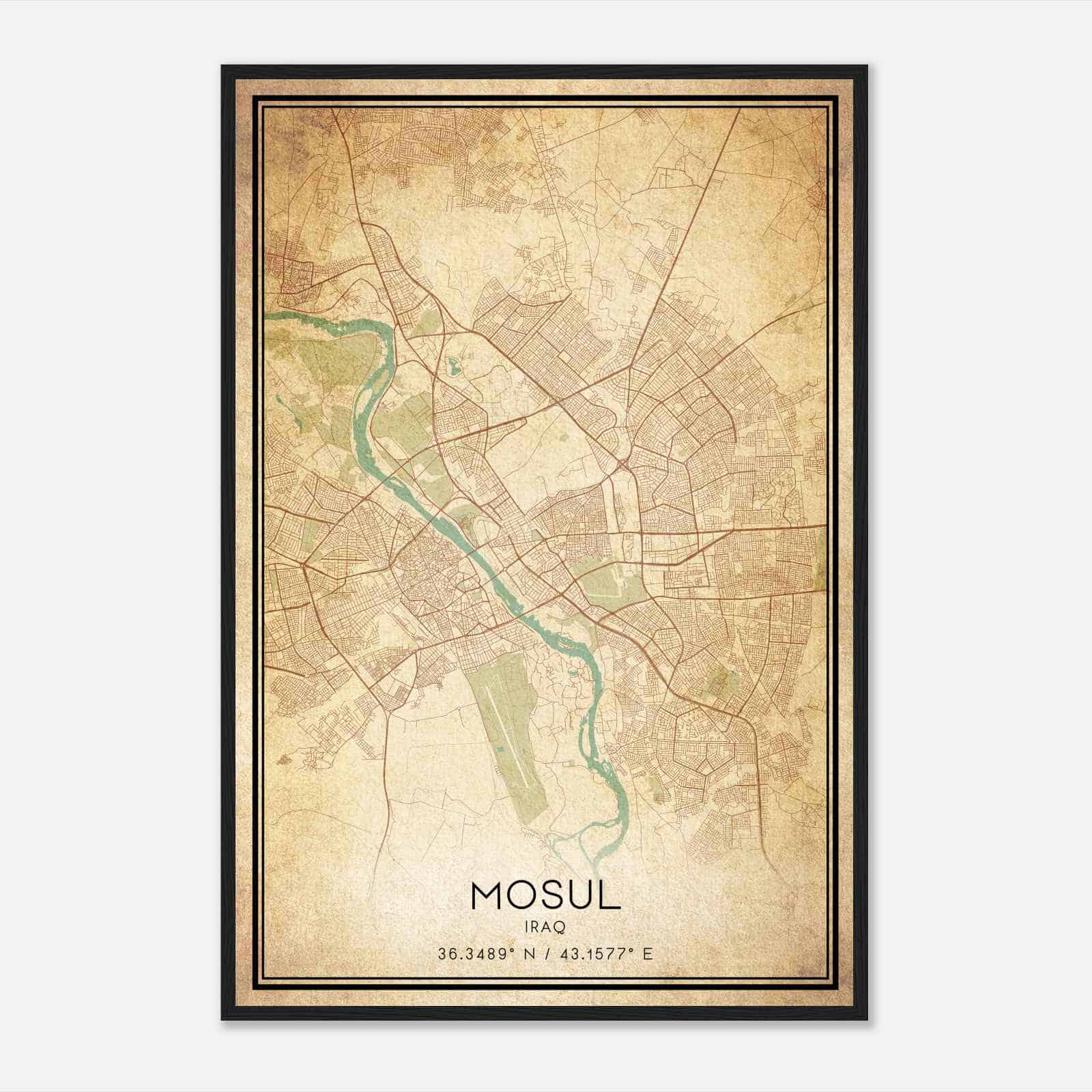 Vintage Mosul Iraq Map Poster, Mosul City Road Wall Art Print