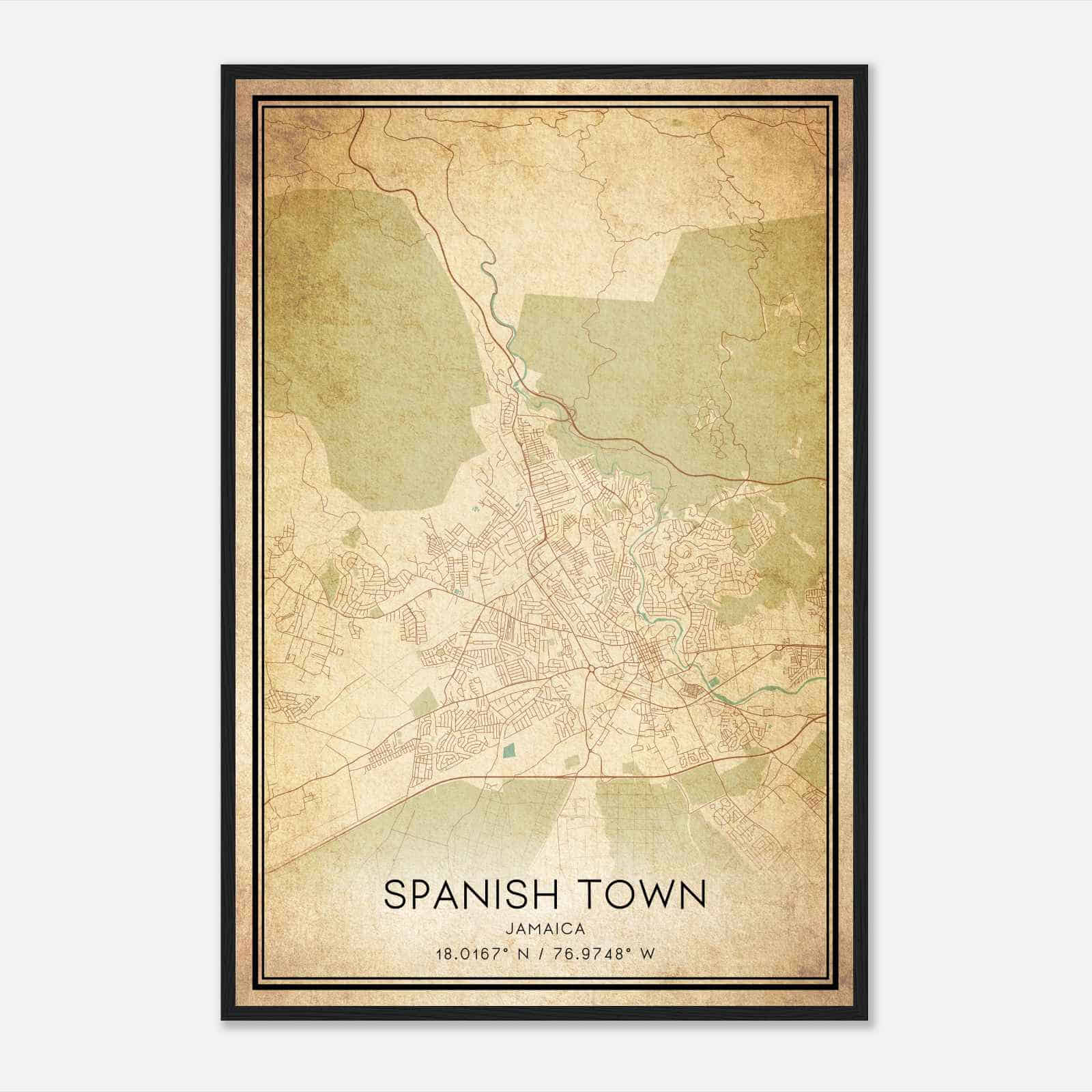 Vintage Spanish Town Jamaica Map Poster, Spanish Town City Road Wall Art Print
