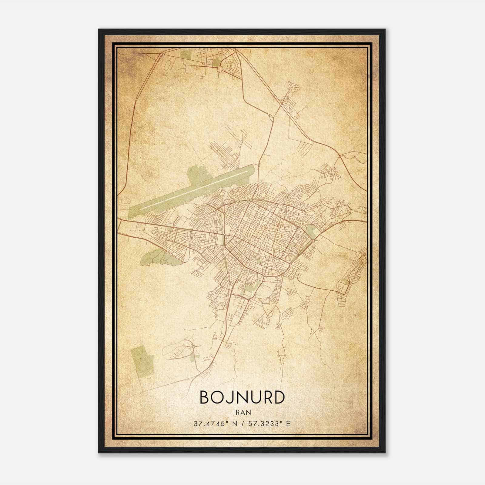 Vintage Bojnurd Iran Map Poster, Bojnurd City Road Wall Art Print