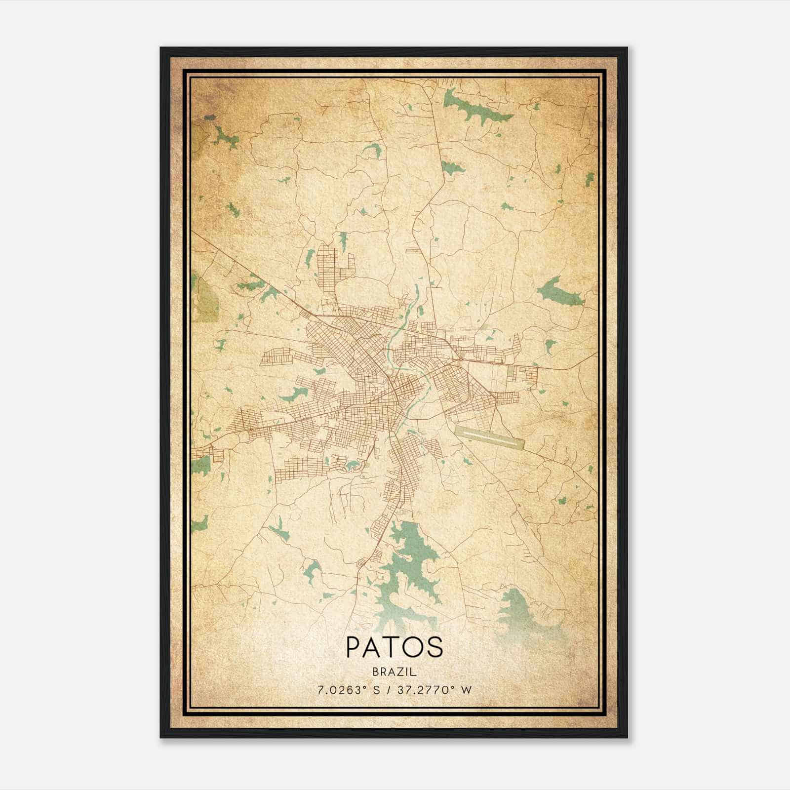Vintage Patos Brazil Map Poster, Patos City Road Wall Art Print