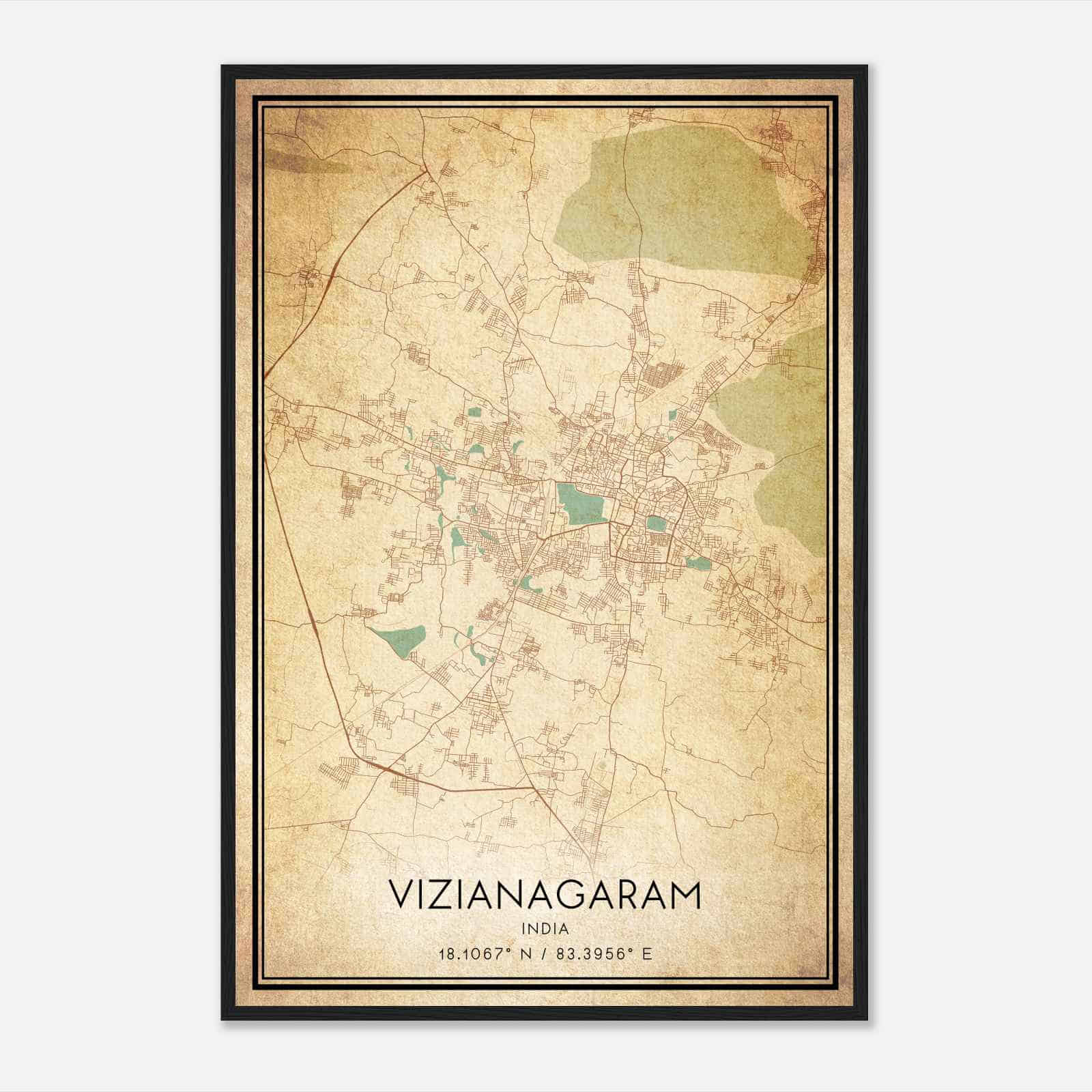 Vintage Vizianagaram India Map Poster, Vizianagaram City Road Wall Art Print