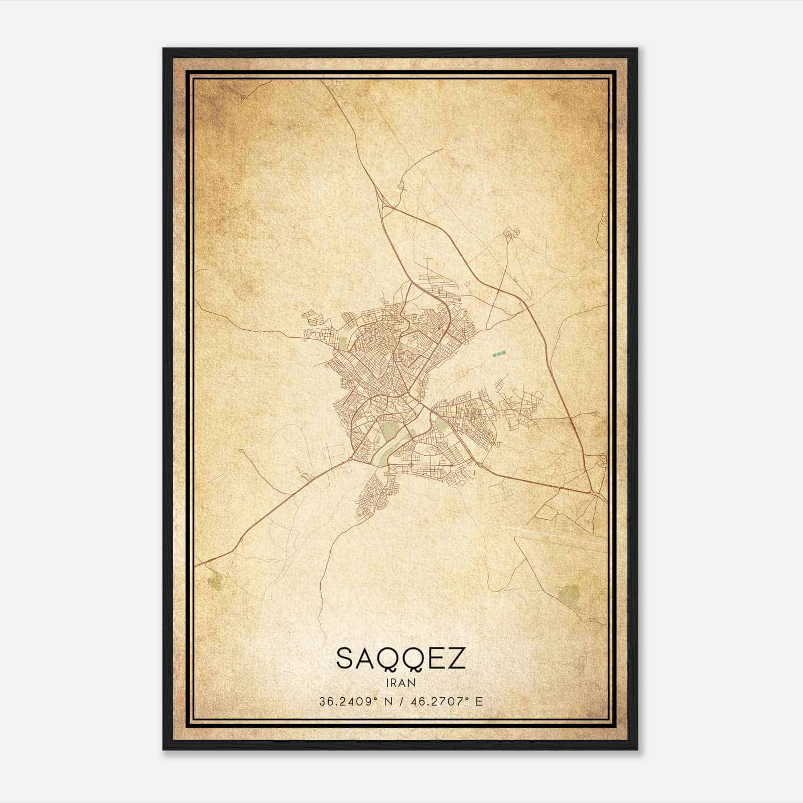 Vintage Saqqez Iran Map Poster, Saqqez City Road Wall Art Print