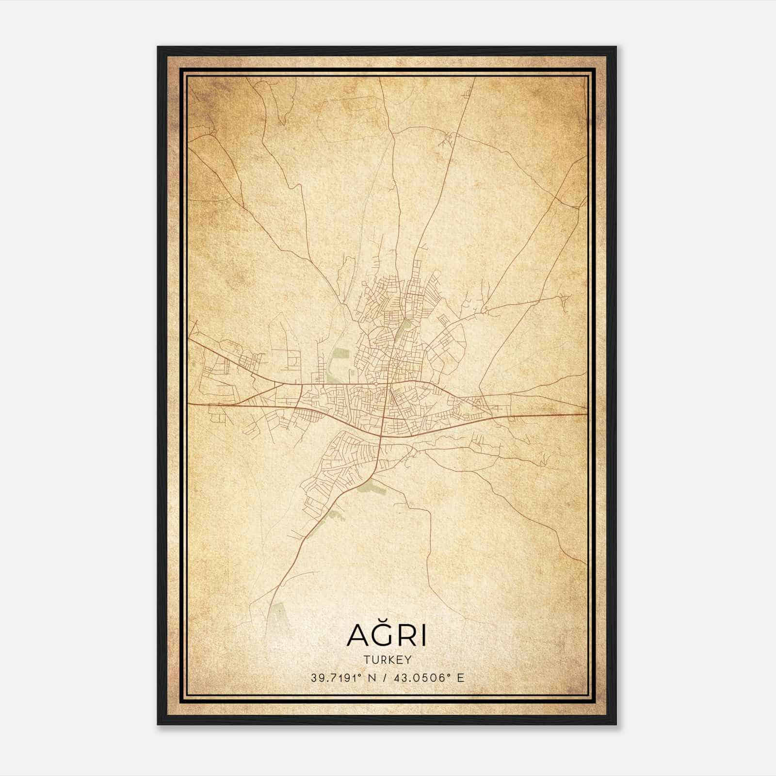 Vintage Agri Turkey Map Poster, Agri City Road Wall Art Print