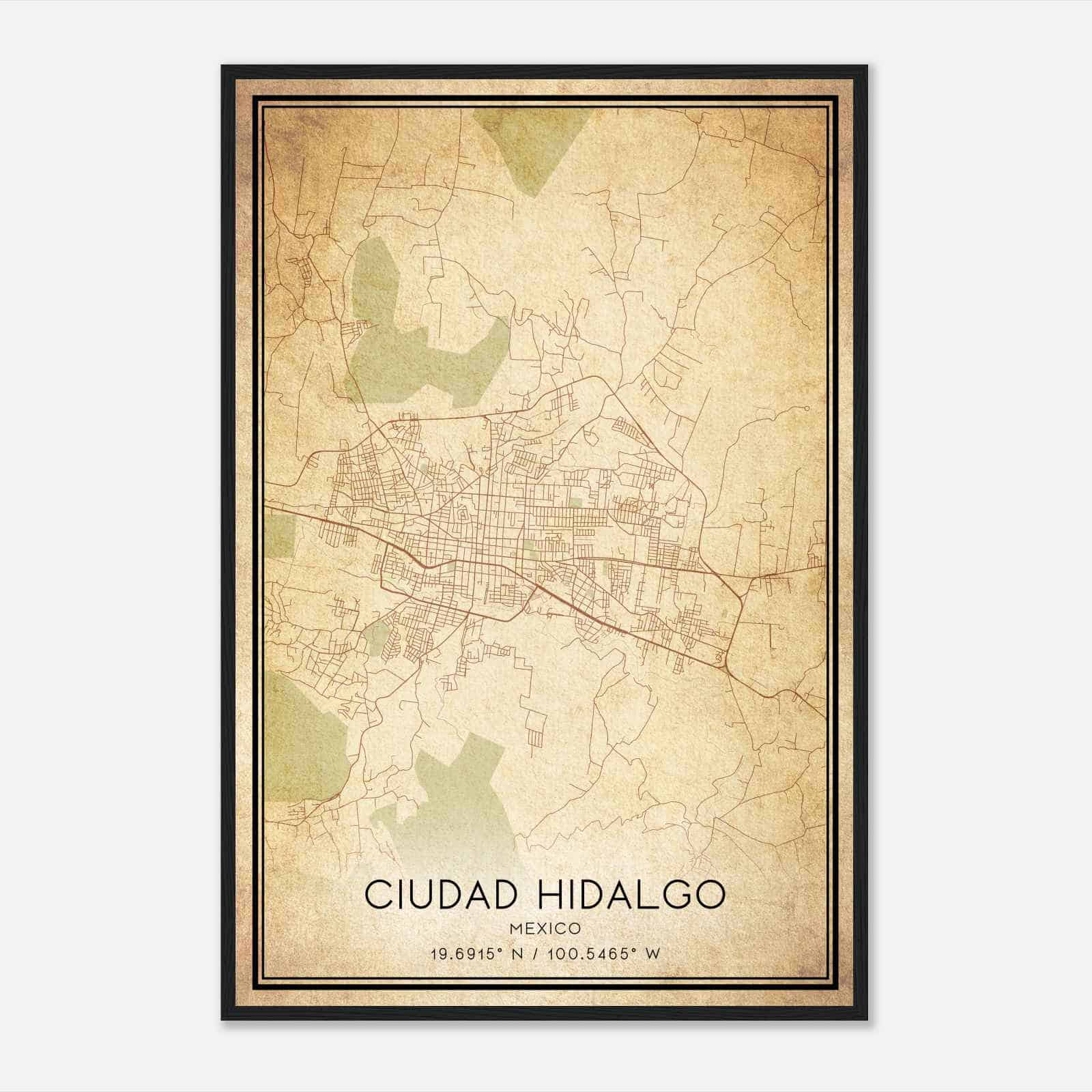 Vintage Ciudad Hidalgo Mexico Map Poster, Ciudad Hidalgo City Road Wall Art Print