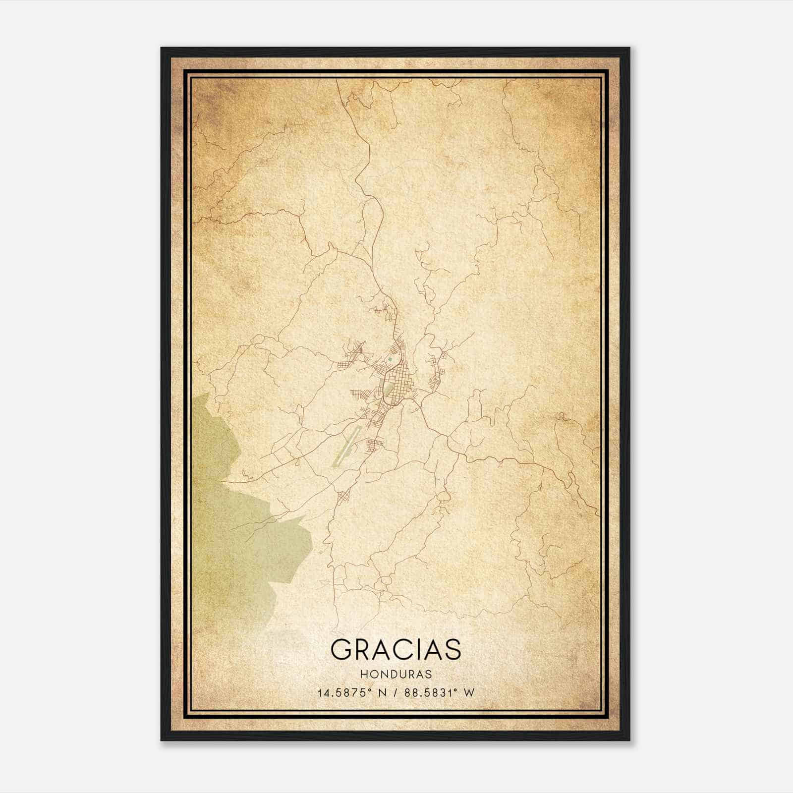 Vintage Gracias Honduras Map Poster, Gracias City Road Wall Art Print