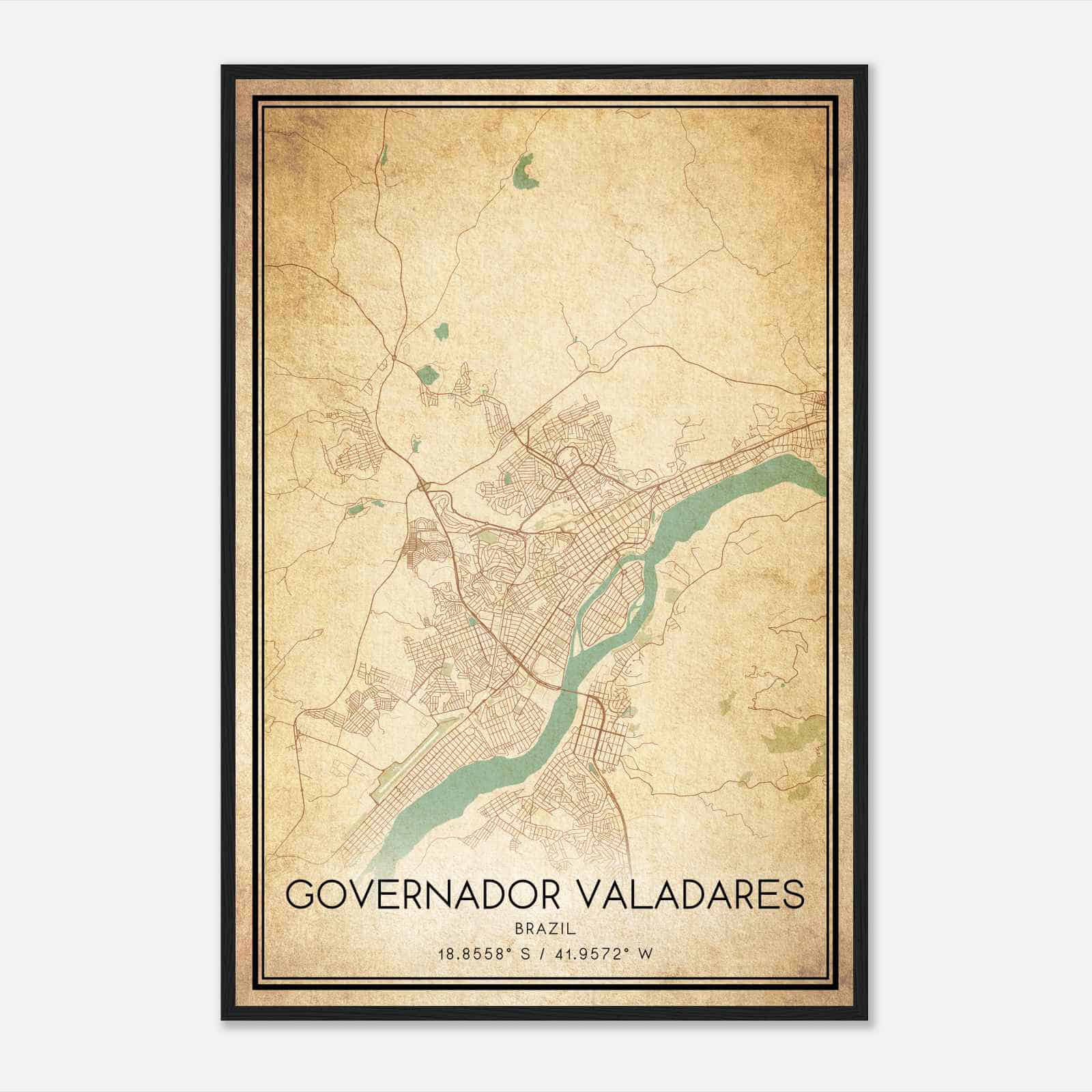 Vintage Governador Valadares Brazil Map Poster, Governador Valadares City Road Wall Art Print