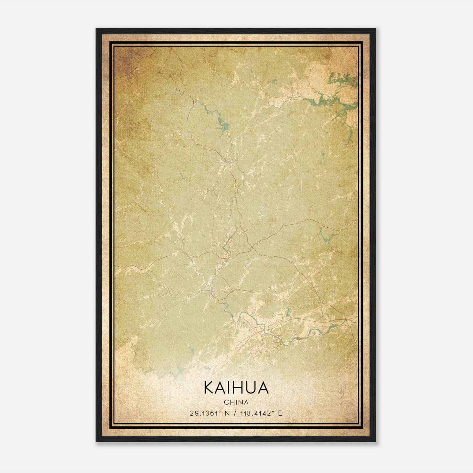Vintage Kaihua China Map Poster, Kaihua City Road Wall Art Print