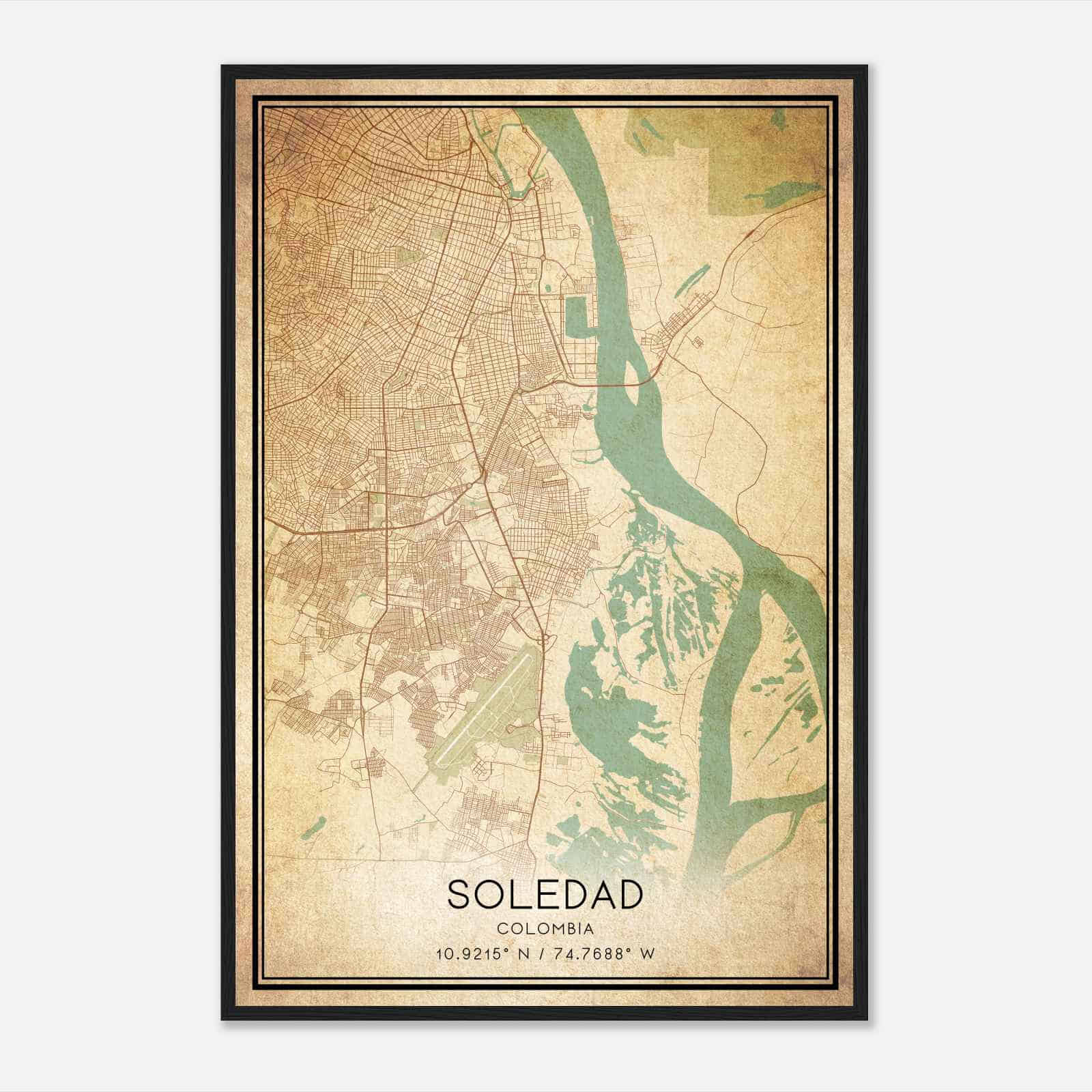 Vintage Soledad Colombia Map Poster, Soledad City Road Wall Art Print