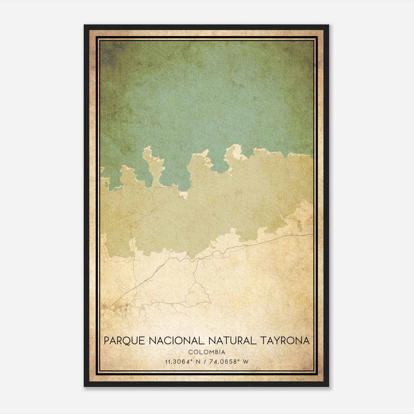 Vintage Parque Nacional Natural Tayrona Colombia Map Poster, Parque Nacional Natural Tayrona City Road Wall Art Print
