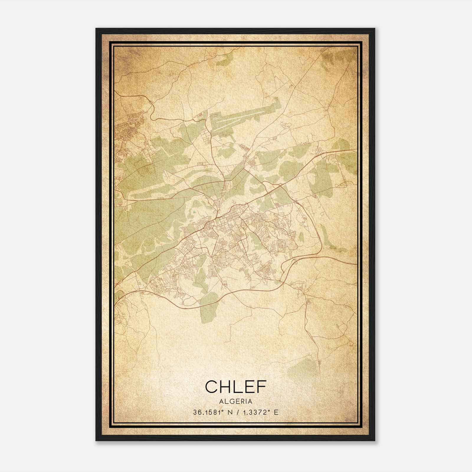 Vintage Chlef Algeria Map Poster, Chlef City Road Wall Art Print