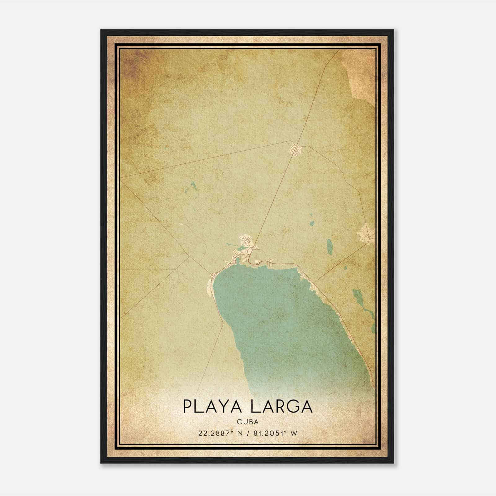 Vintage Playa Larga Cuba Map Poster, Playa Larga City Road Wall Art Print